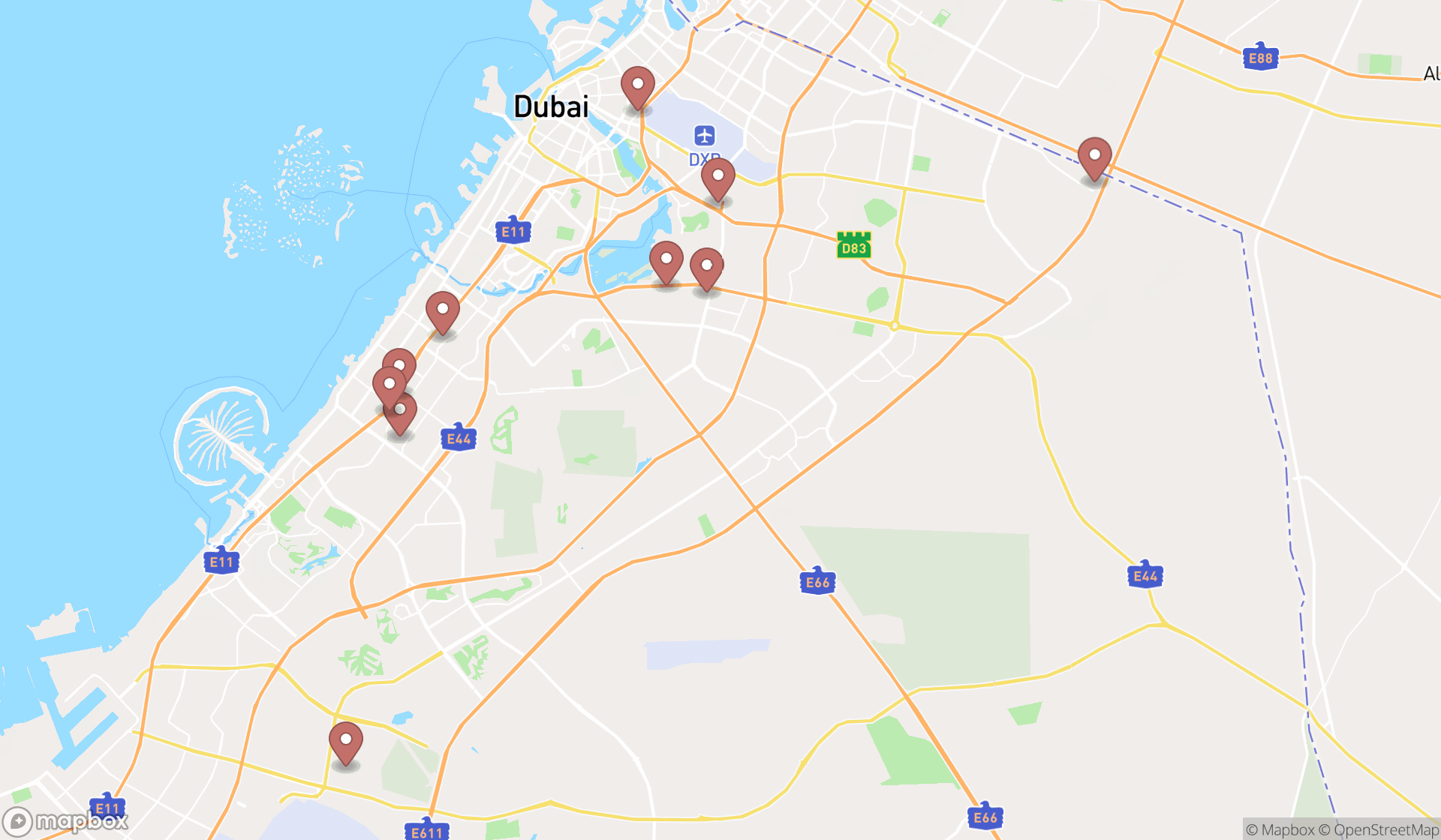 Map showing the ranked auto tune up services in Dubai, Dubai