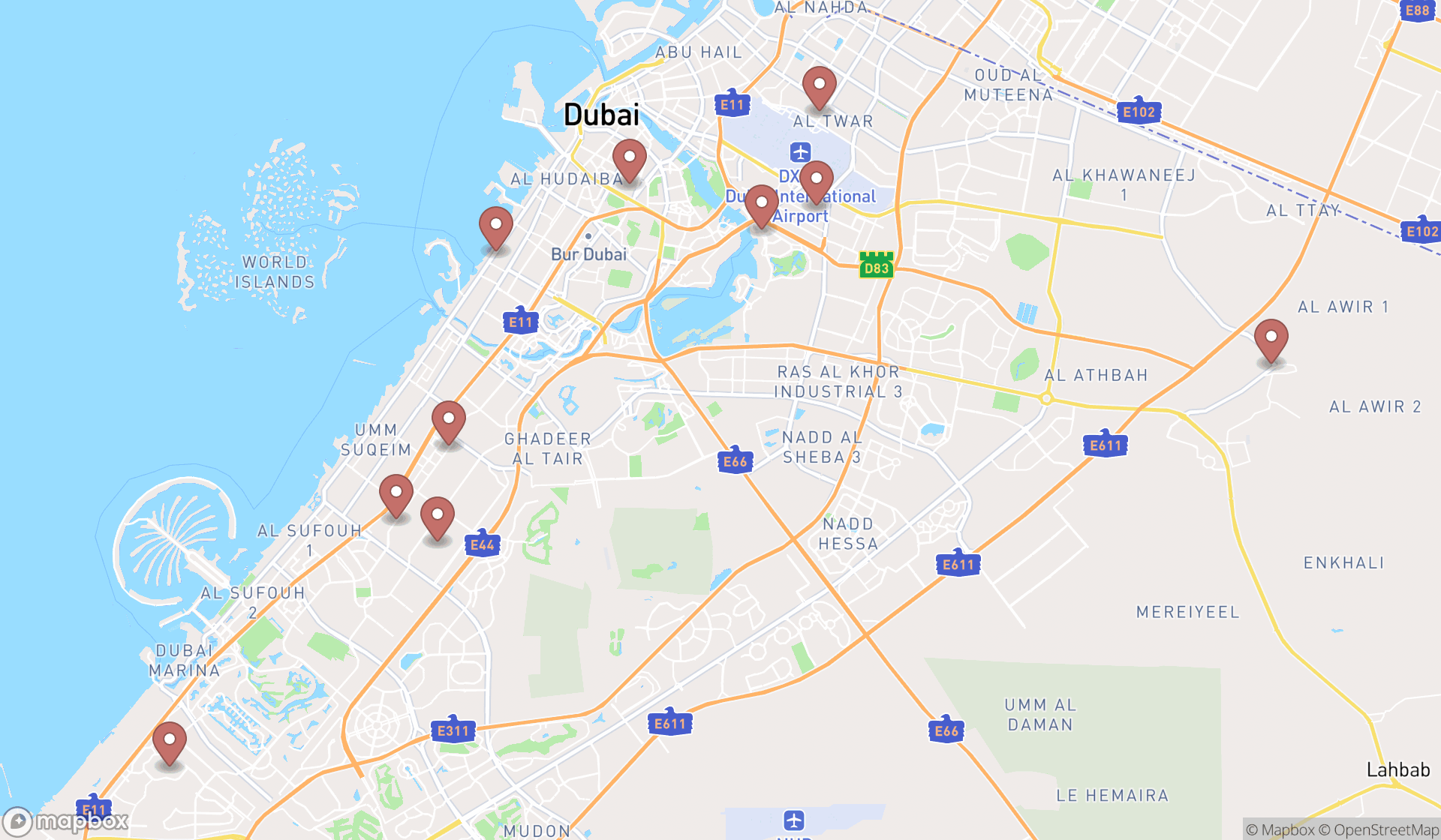 Map showing the ranked auto window tinting services in Dubai, Dubai