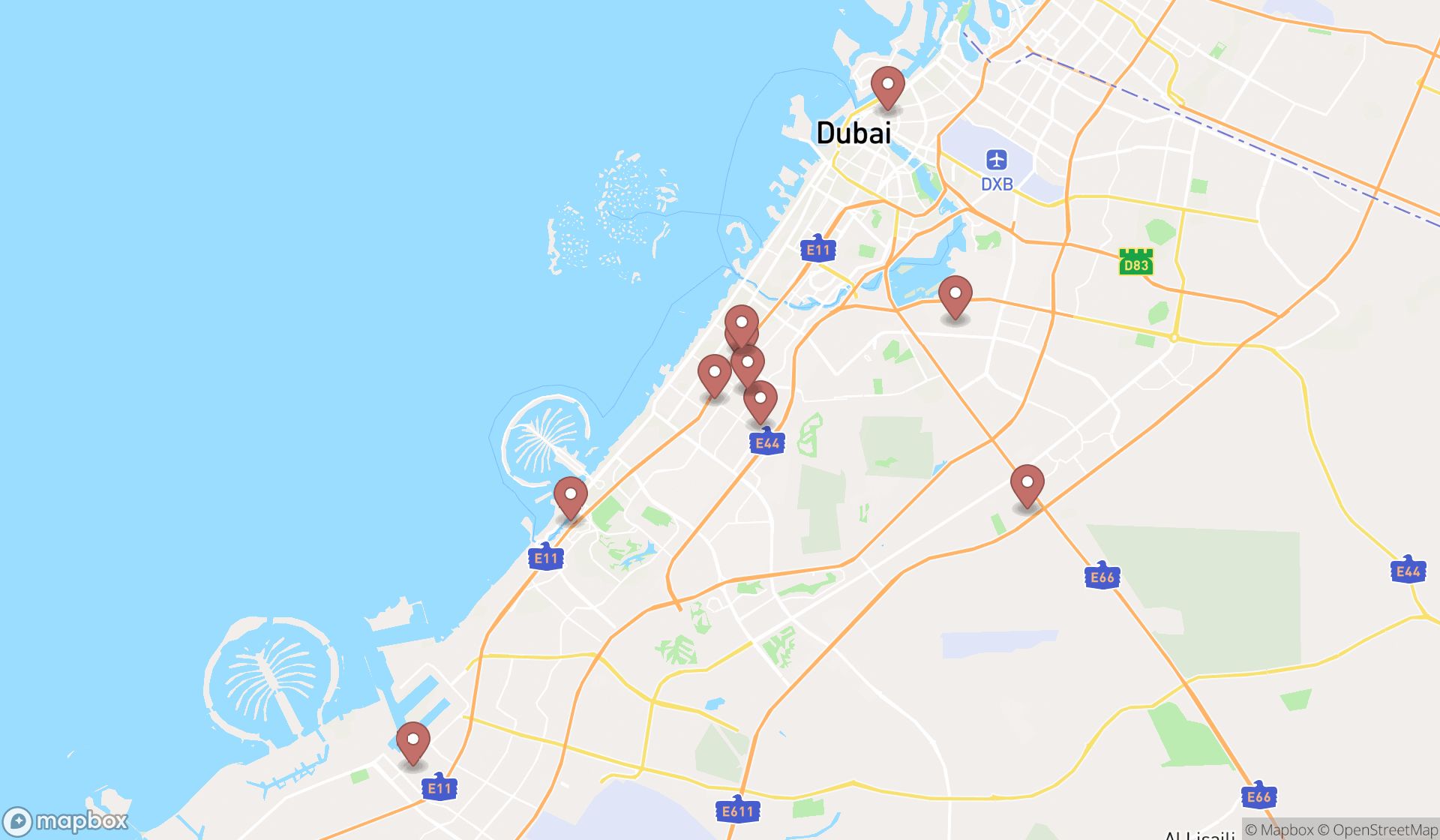 Map showing the ranked automobile storage facilities in Dubai, Dubai