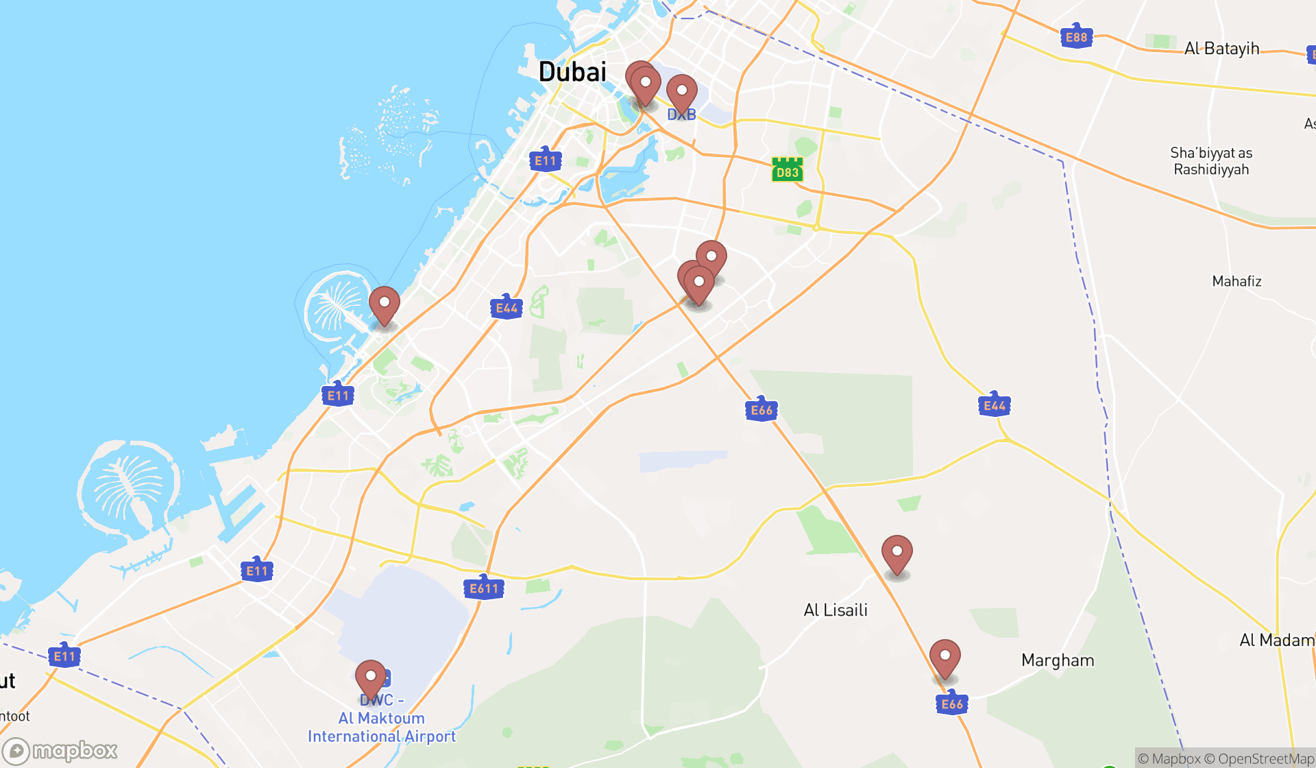 Map showing the ranked aviation training institutes in Dubai, Dubai