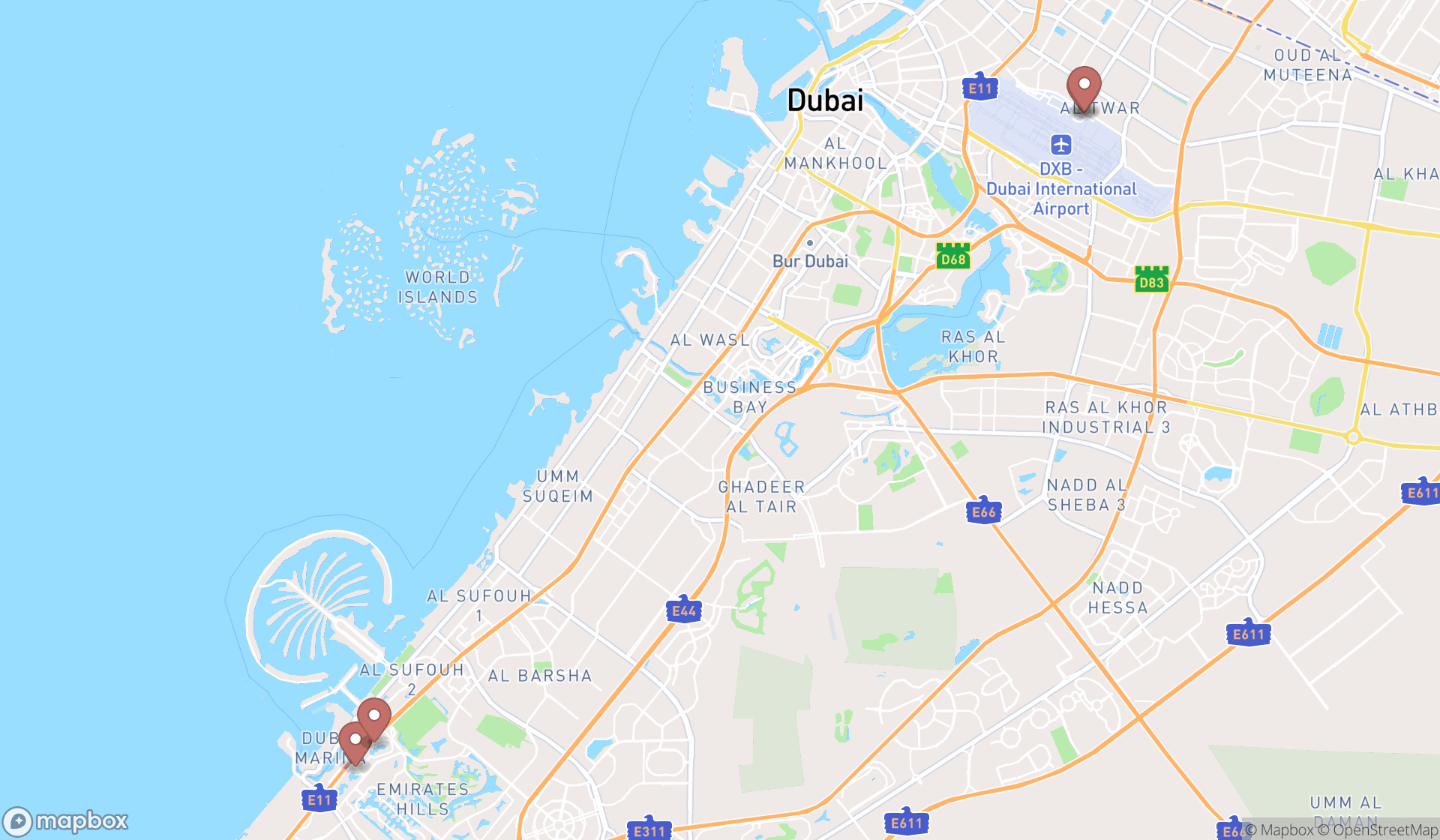Map showing the ranked aviations in Dubai, Dubai