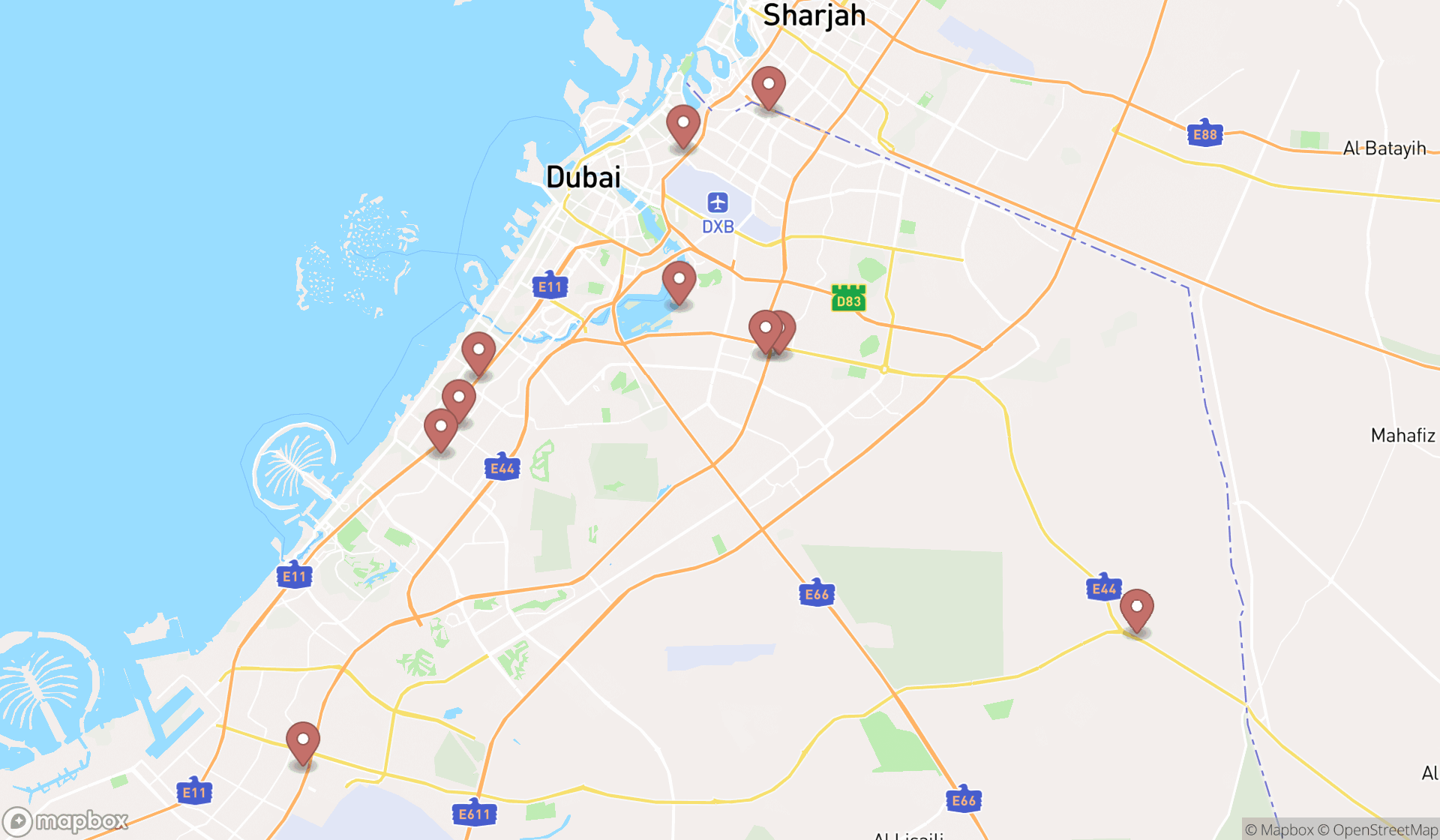 Map showing the ranked awning suppliers in Dubai, Dubai