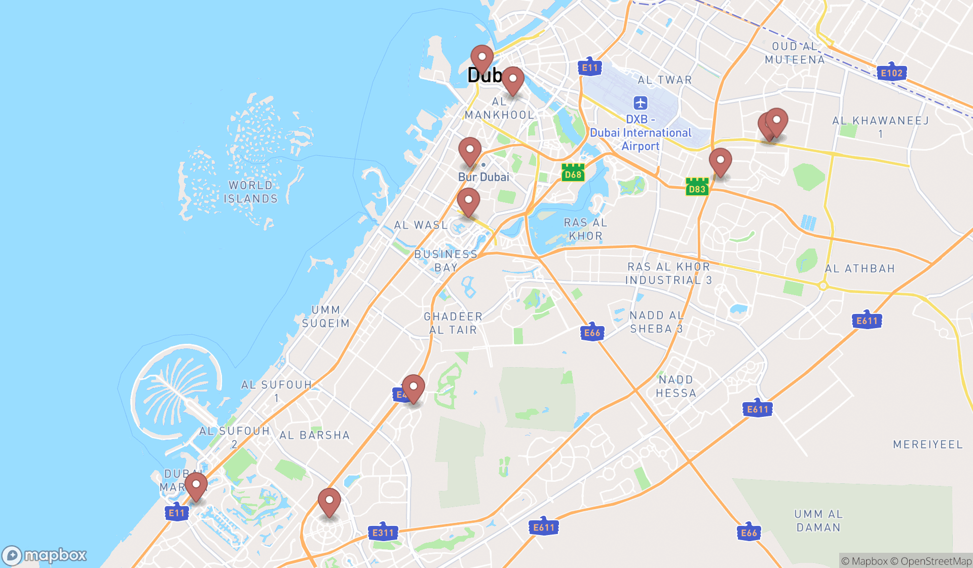 Map showing the ranked baby clothing stores in Dubai, Dubai