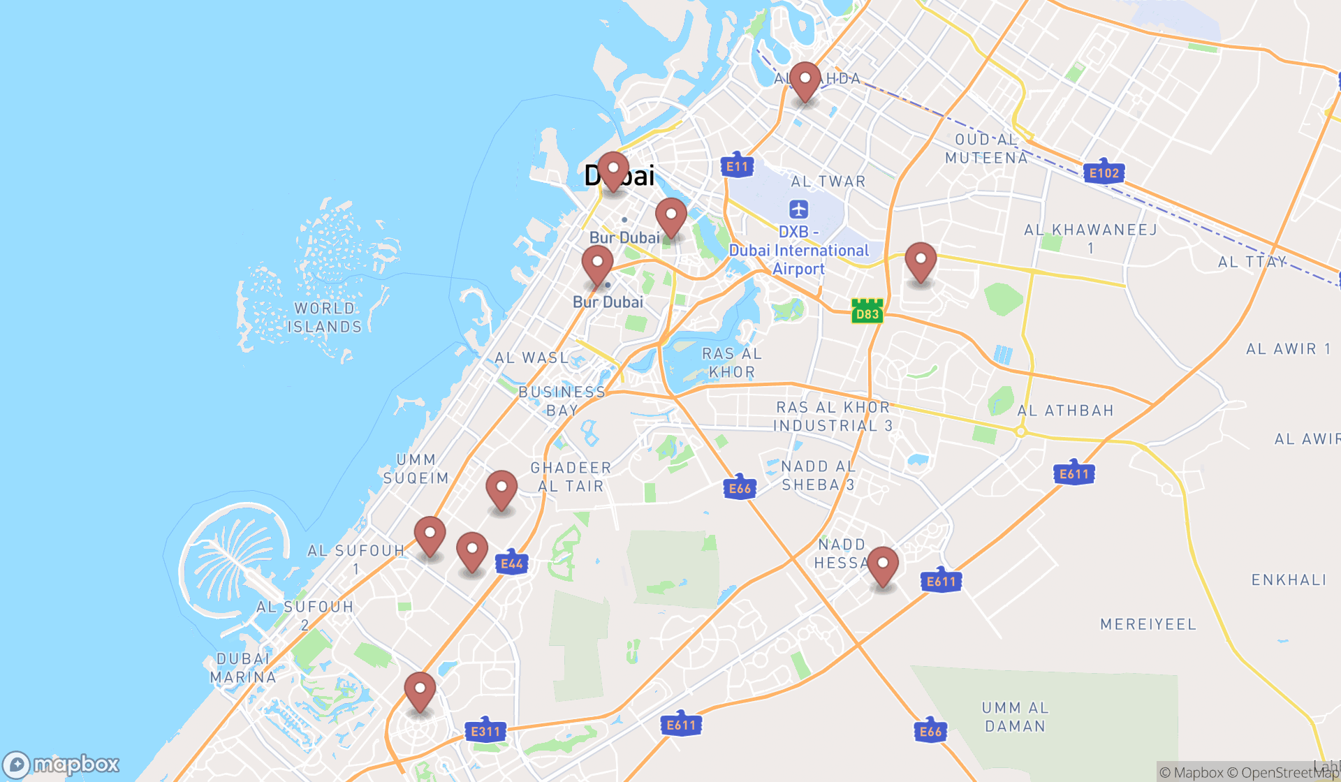 Map showing the ranked baby swimming schools in Dubai, Dubai