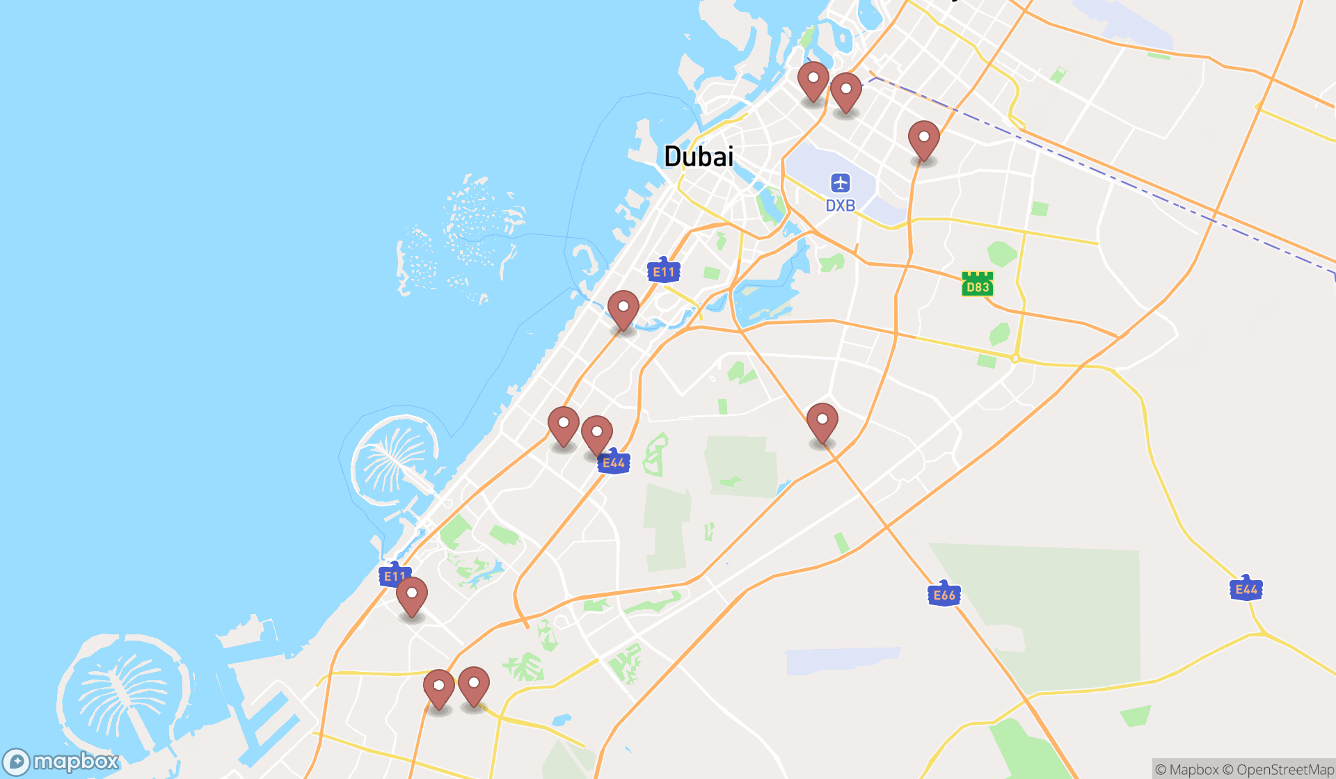 Map showing the ranked badminton clubs in Dubai, Dubai