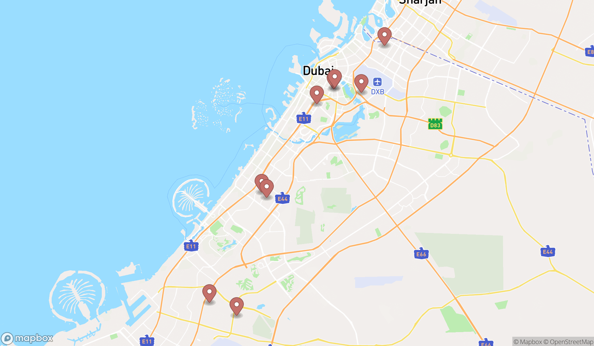 Map showing the ranked badminton complexes in Dubai, Dubai