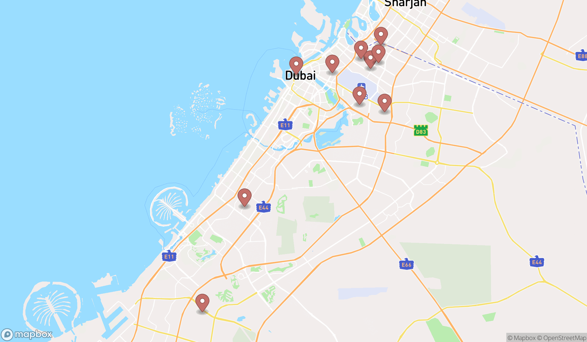 Map showing the ranked badminton courts in Dubai, Dubai