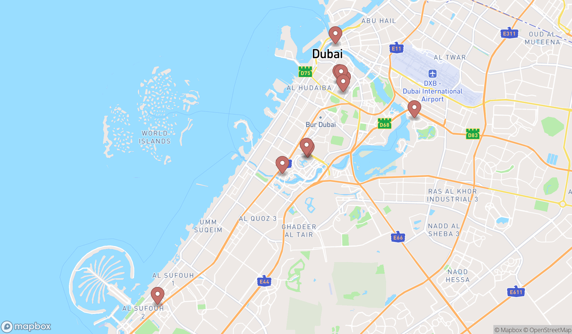 Map showing the ranked bag shops in Dubai, Dubai