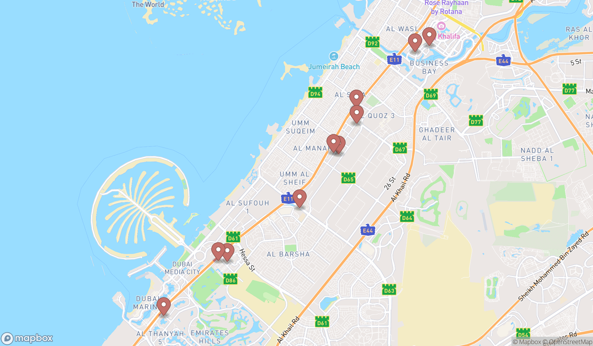 Map showing the ranked ballroom dance instructors in Dubai, Dubai