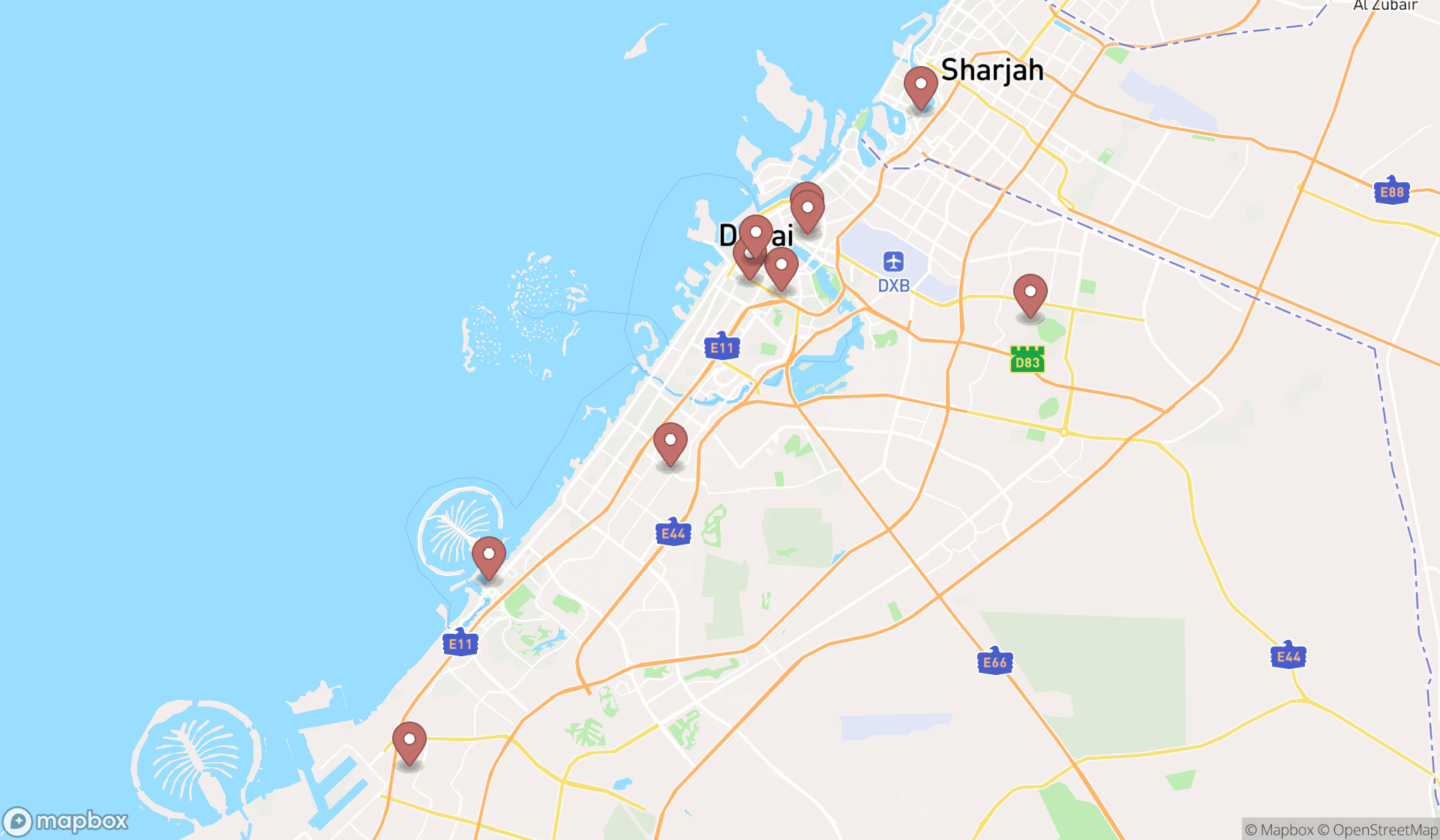 Map showing the ranked banquet halls in Dubai, Dubai