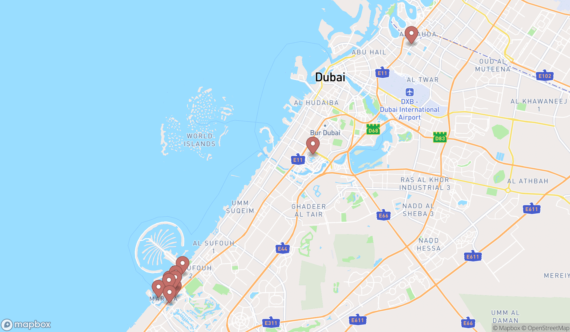Map showing the ranked barber shops in Dubai, Dubai