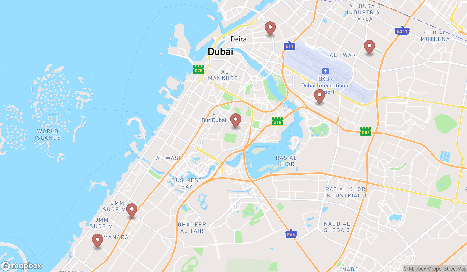 Map showing the ranked bartending schools in Dubai, Dubai