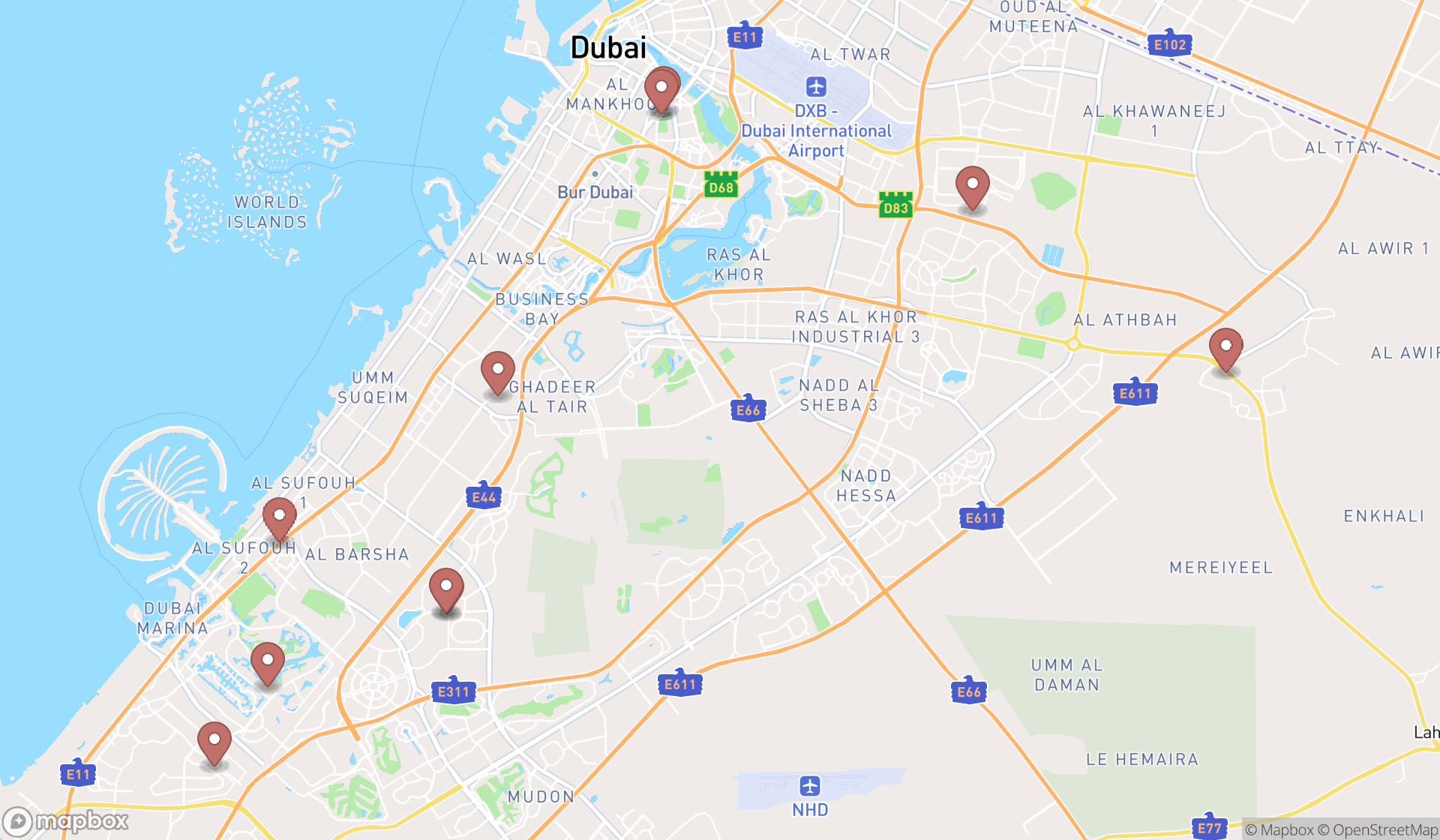 Map showing the ranked basketball clubs in Dubai, Dubai