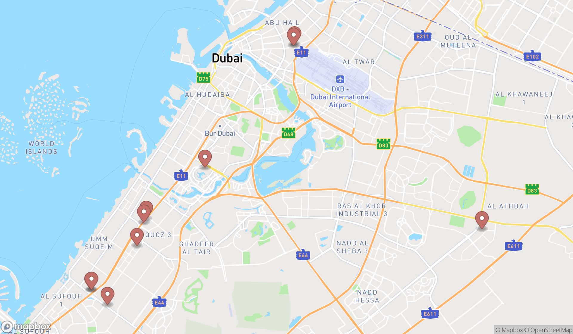 Map showing the ranked bathroom supply stores in Dubai, Dubai