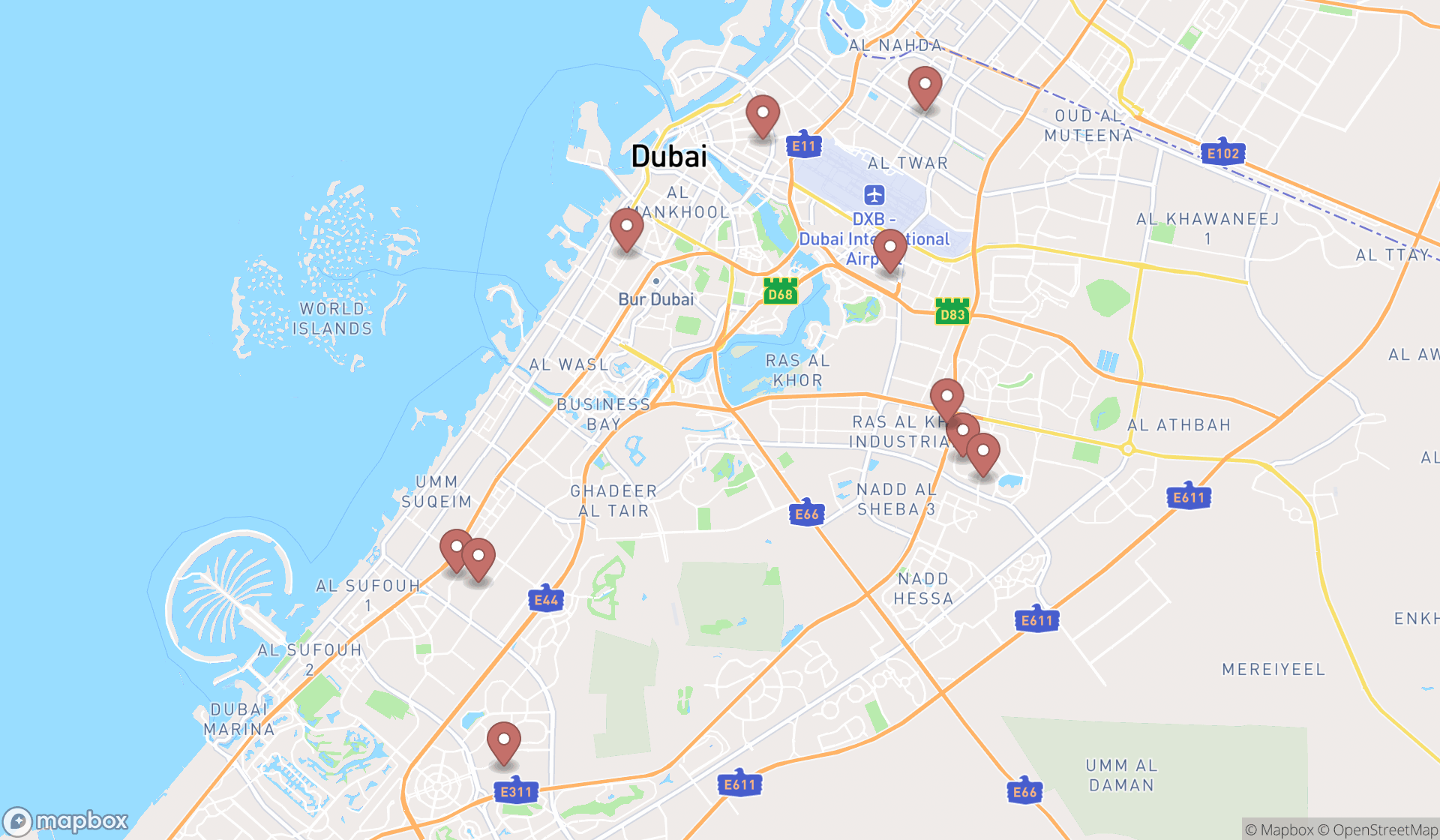 Map showing the ranked battery stores in Dubai, Dubai