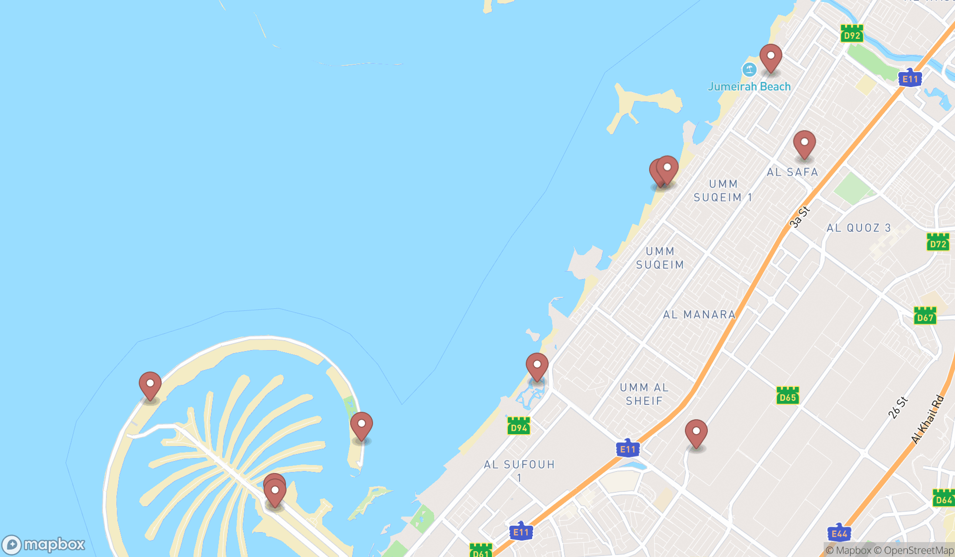 Map showing the ranked beach clothing stores in Dubai, Dubai