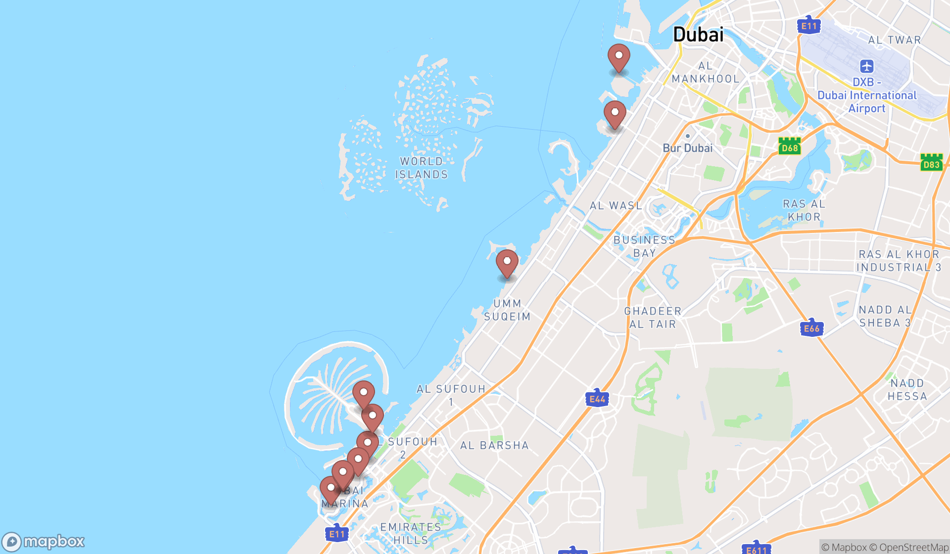 Map showing the ranked beach clubs in Dubai, Dubai
