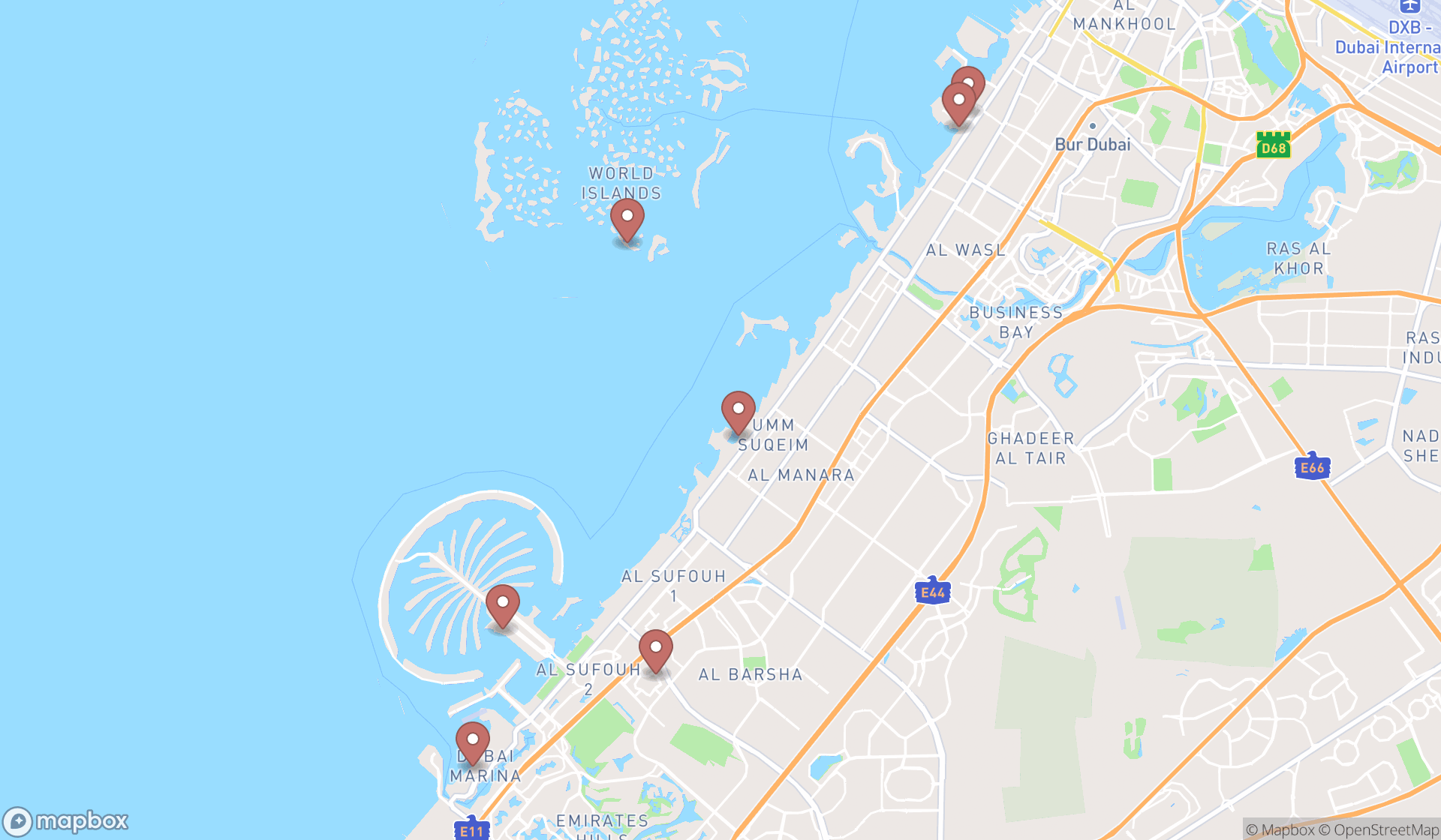 Map showing the ranked beach entertainment shops in Dubai, Dubai