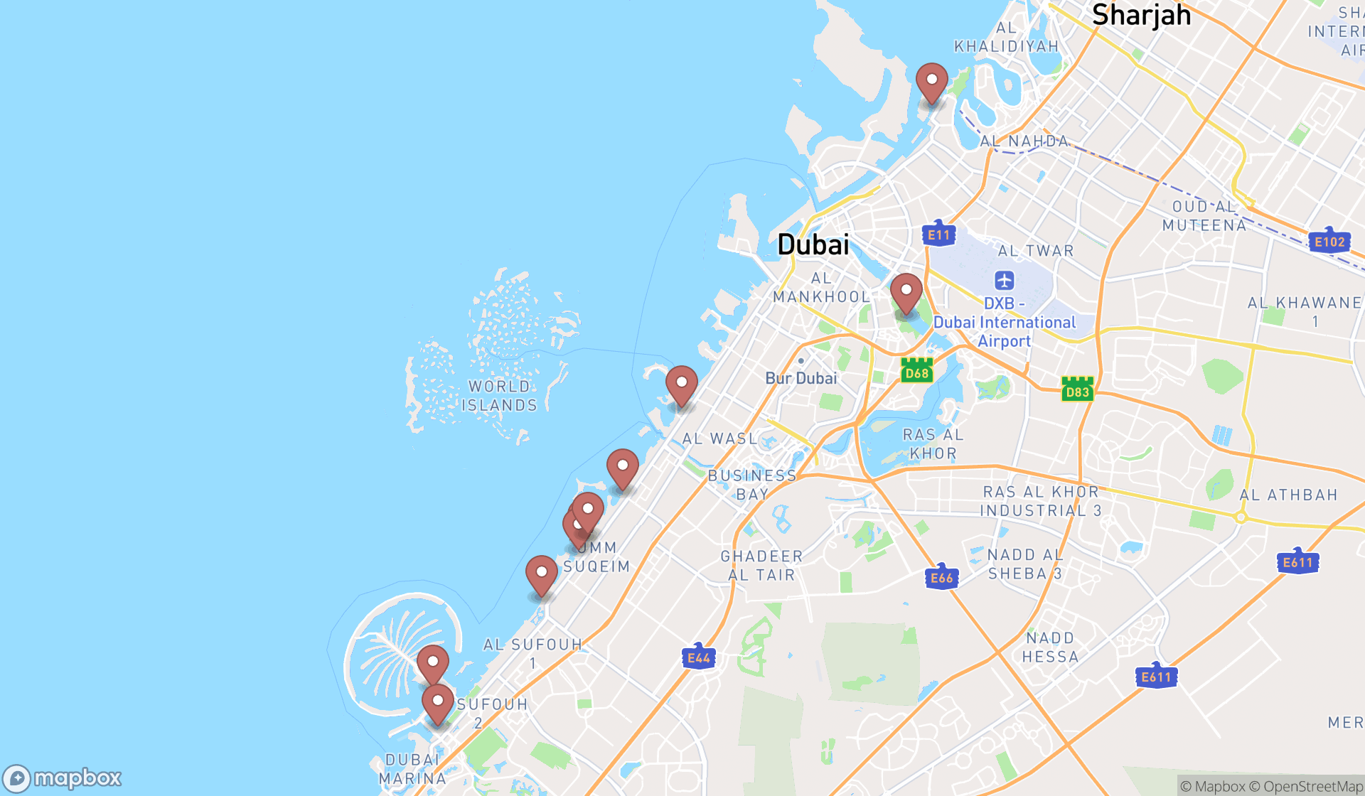 Map showing the ranked beach pavillions in Dubai, Dubai