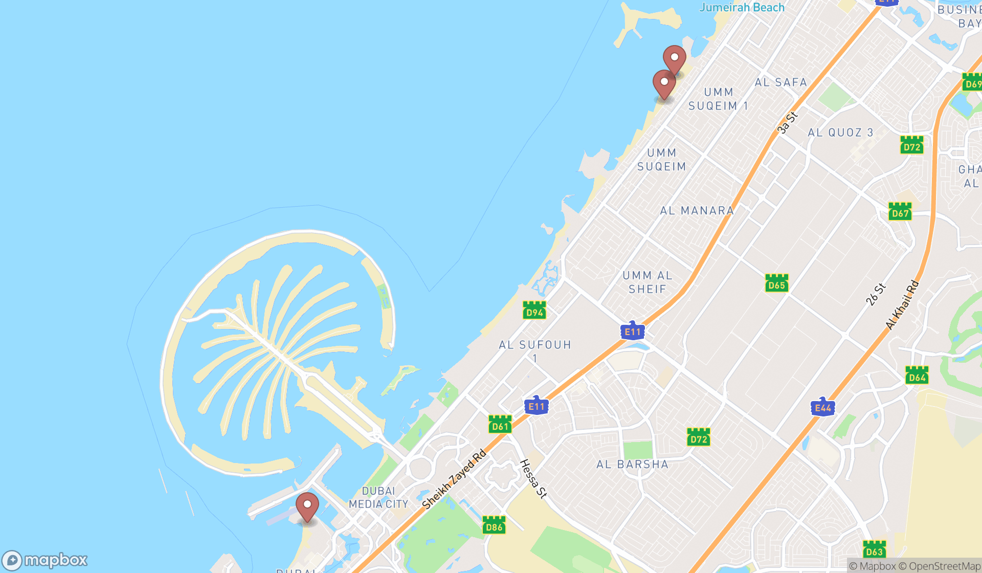 Map showing the ranked beach volleyball clubs in Dubai, Dubai