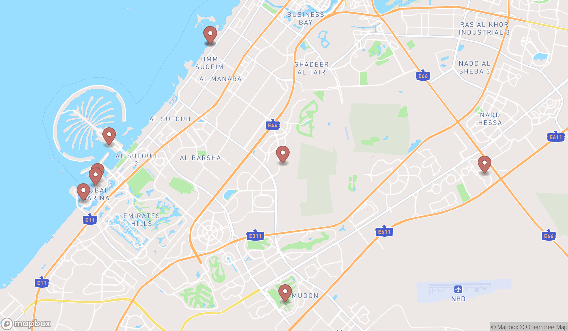 Map showing the ranked beach volleyball courts in Dubai, Dubai