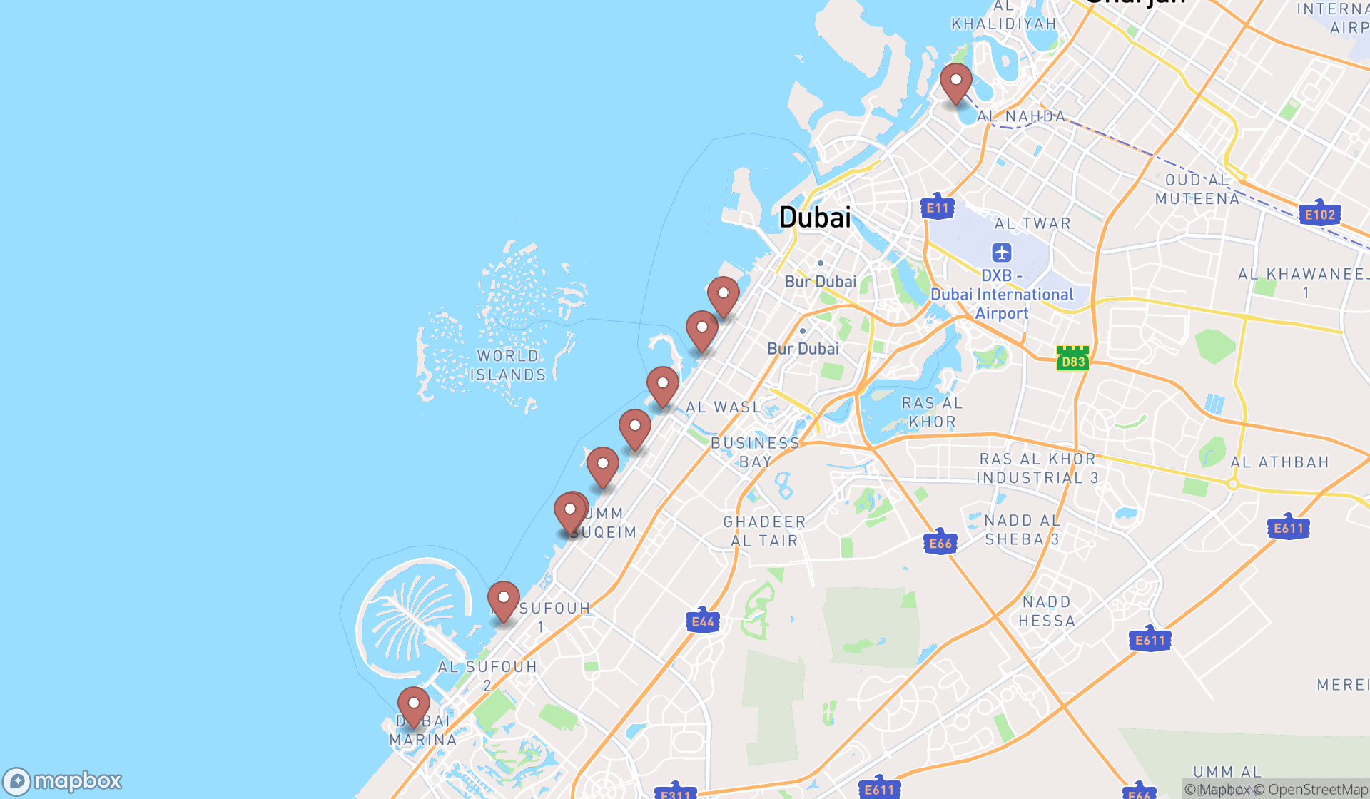 Map showing the ranked beaches in Dubai, Dubai