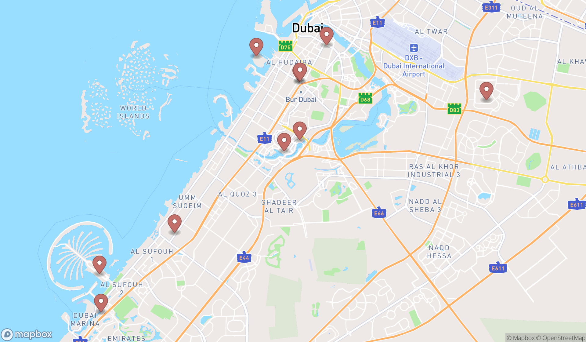 Map showing the ranked beauty salons in Dubai, Dubai