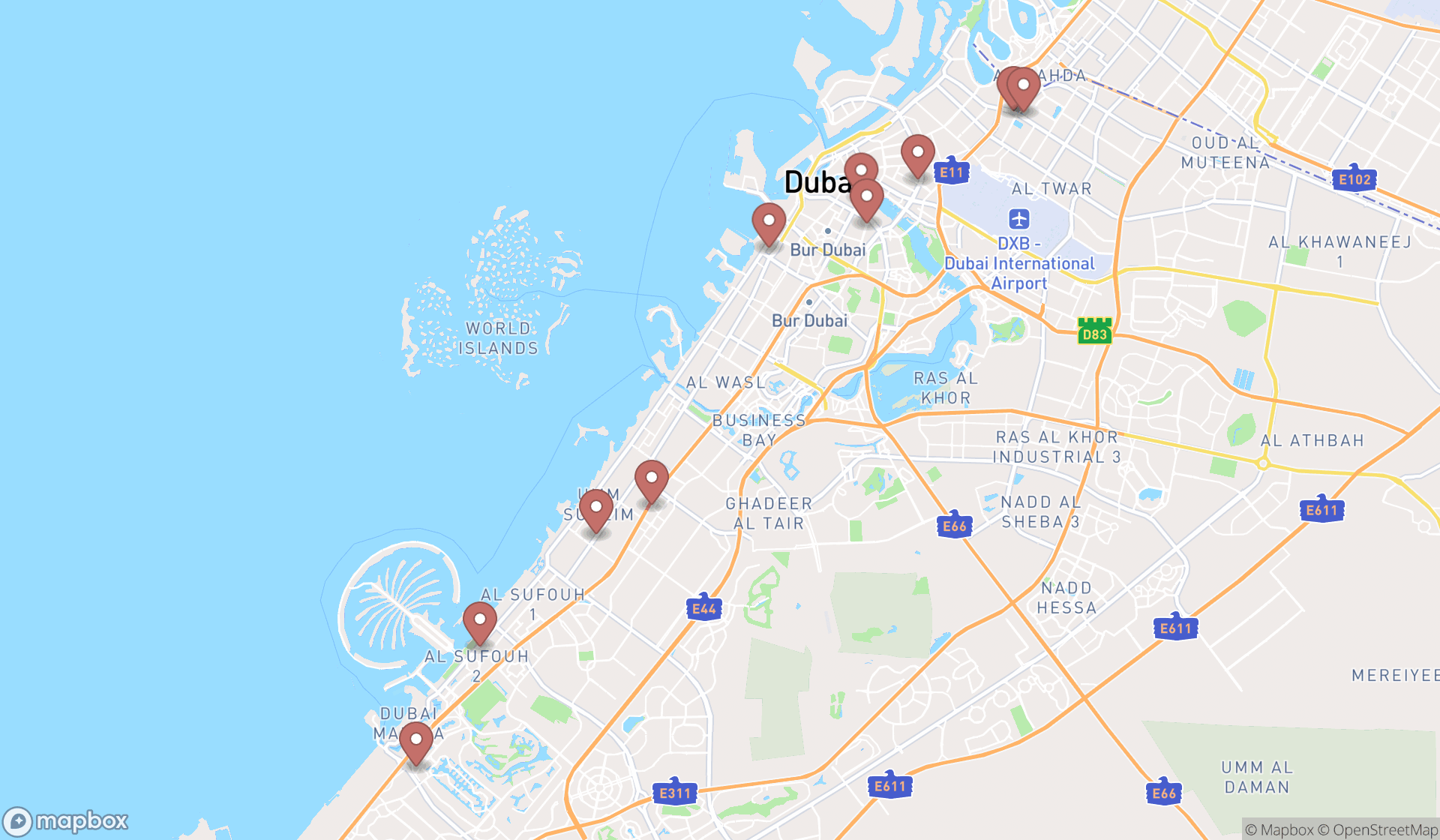 Map showing the ranked beauty schools in Dubai, Dubai