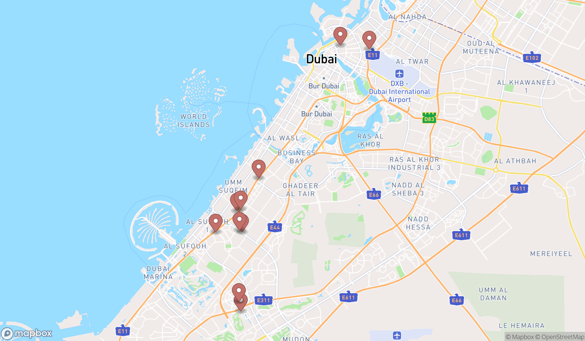 Map showing the ranked bed shops in Dubai, Dubai