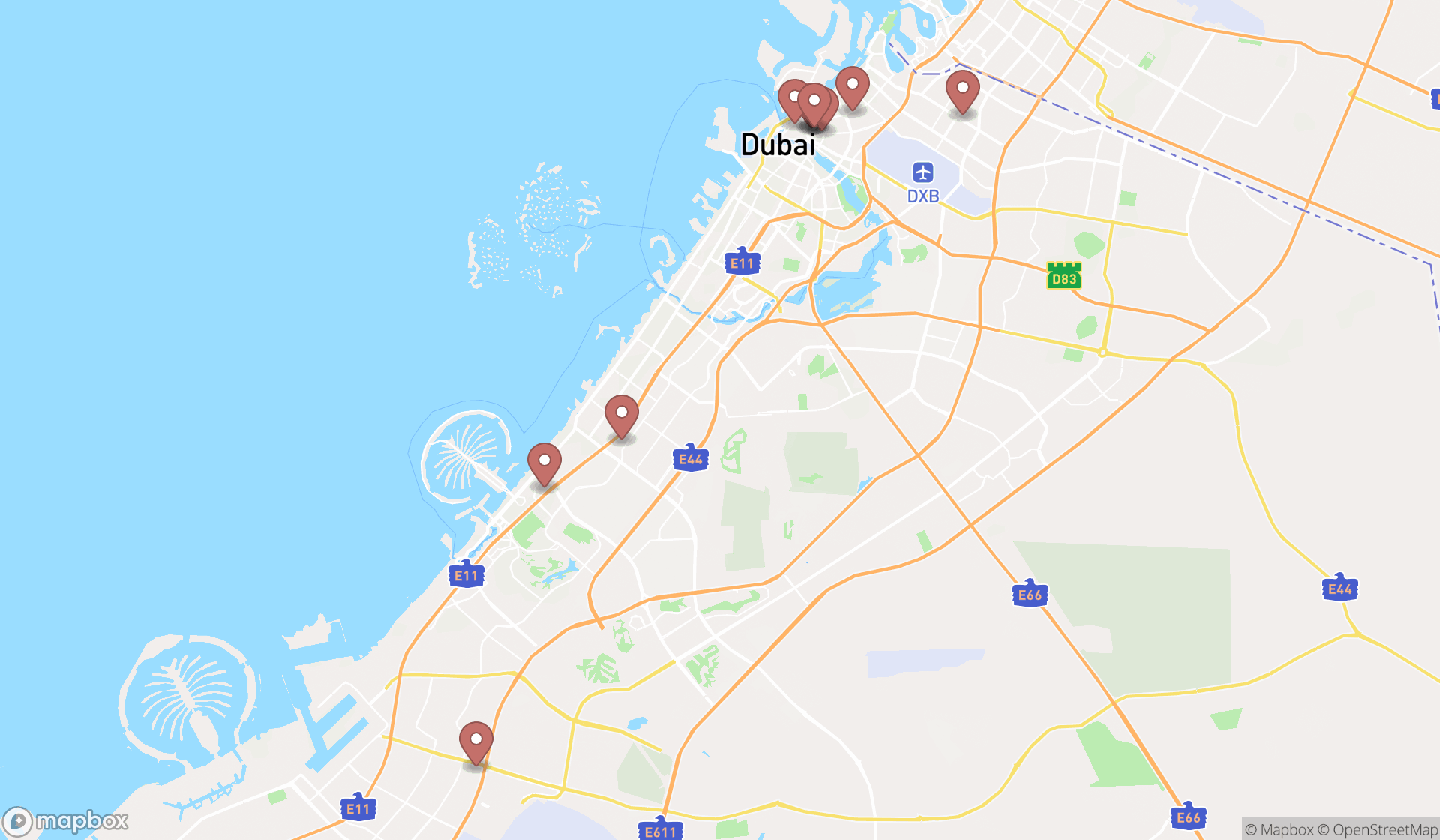 Map showing the ranked belt shops in Dubai, Dubai