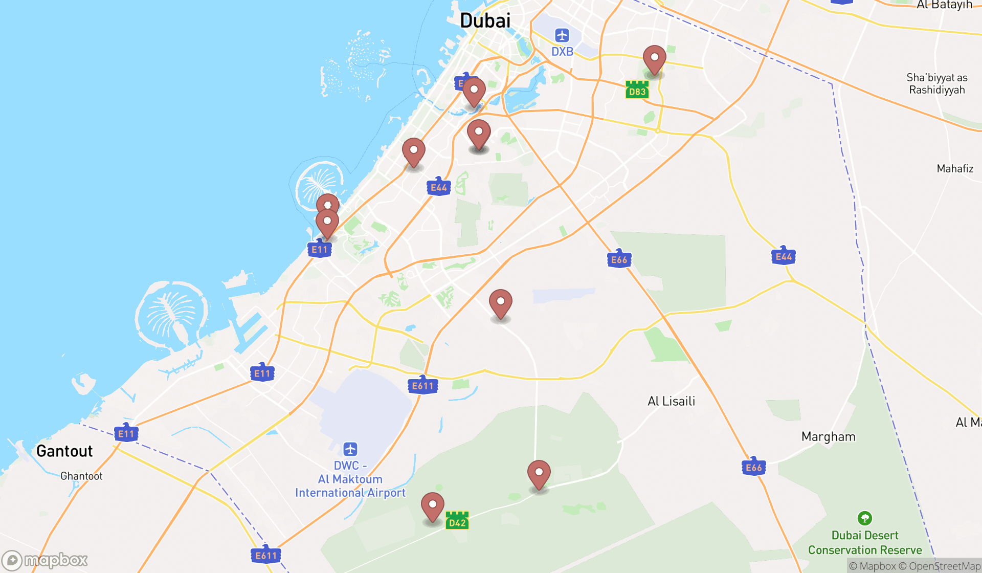 Map showing the ranked bicycle rental services in Dubai, Dubai