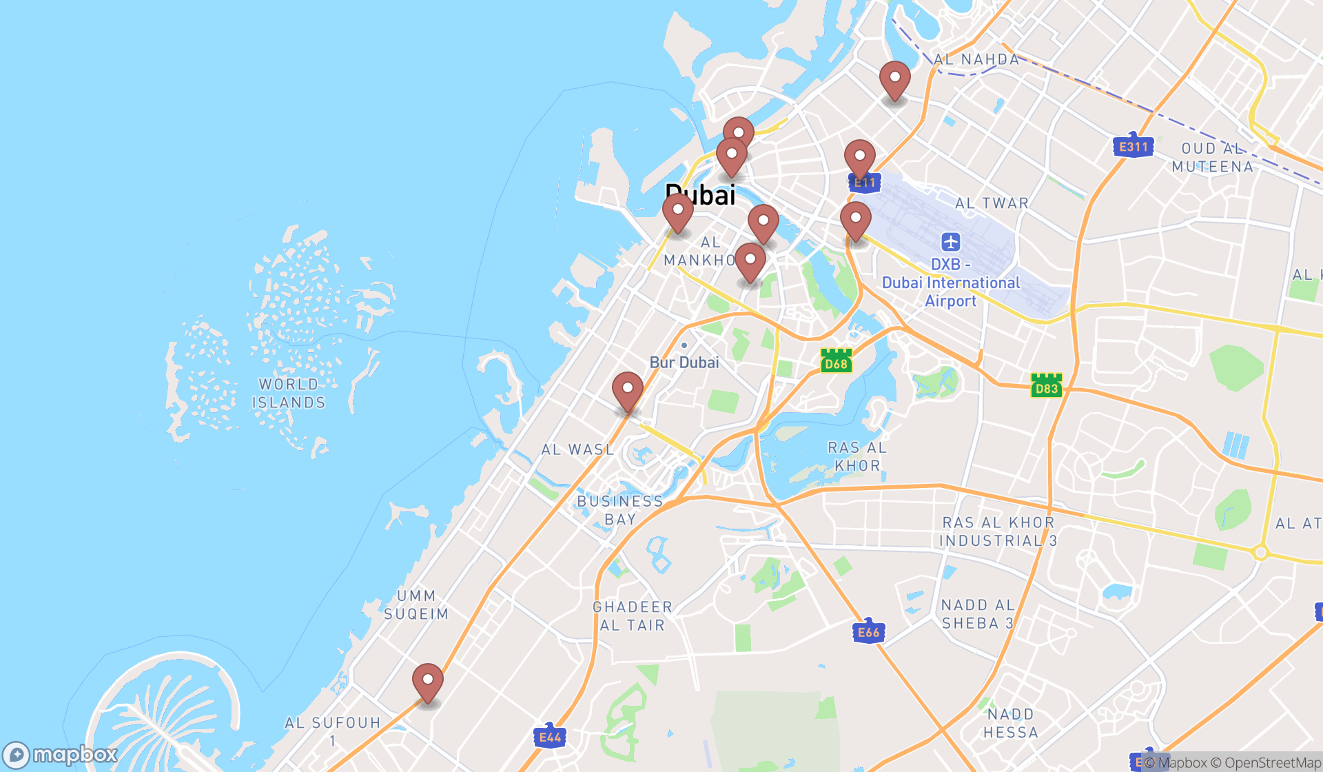 Map showing the ranked billiards supply stores in Dubai, Dubai