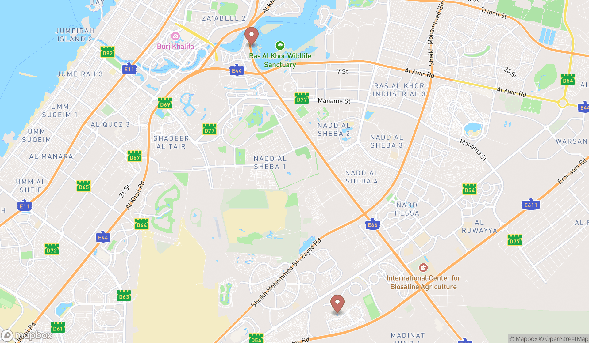 Map showing the ranked bird watching areas in Dubai, Dubai