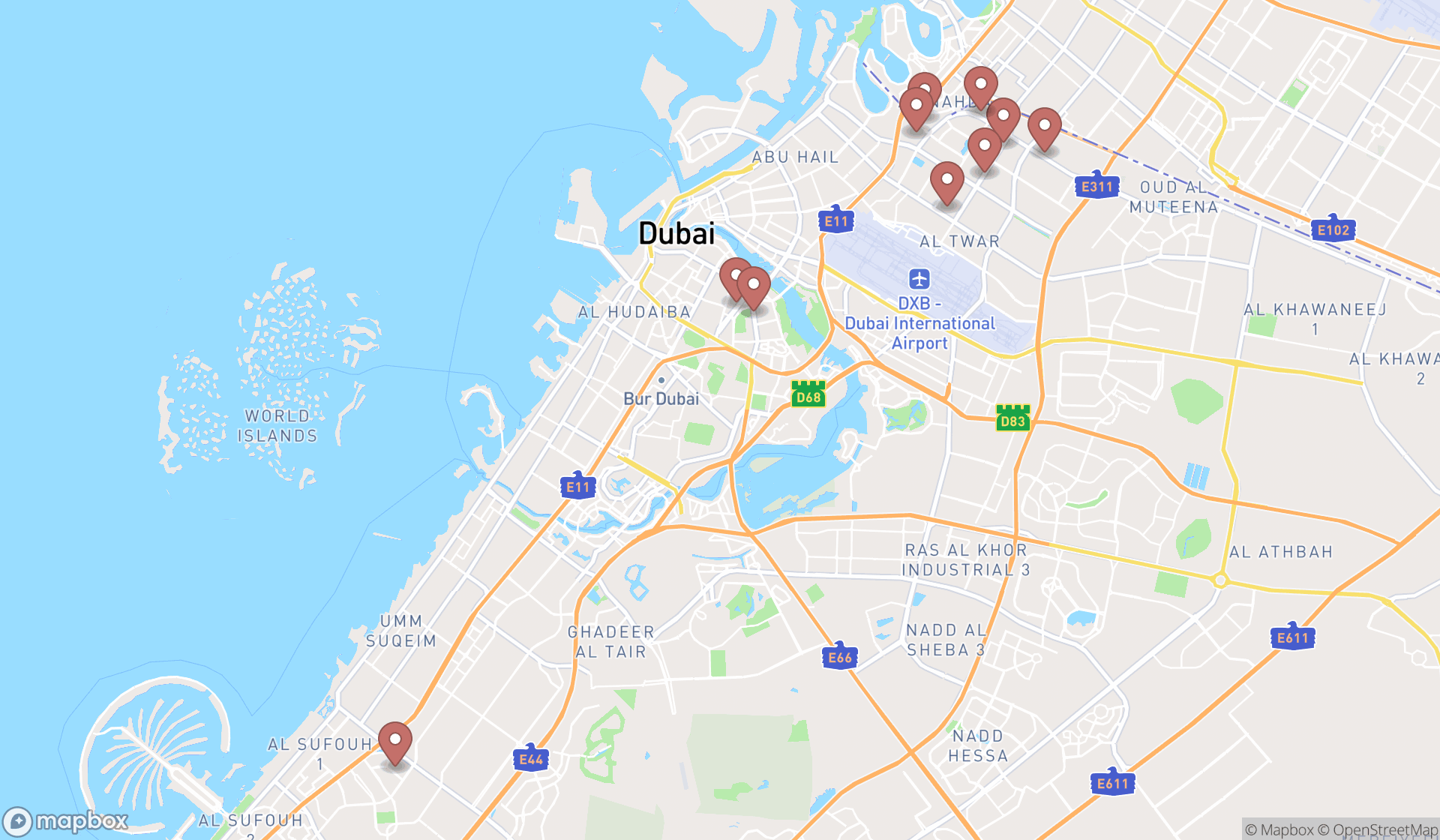 Map showing the ranked biryani restaurants in Dubai, Dubai