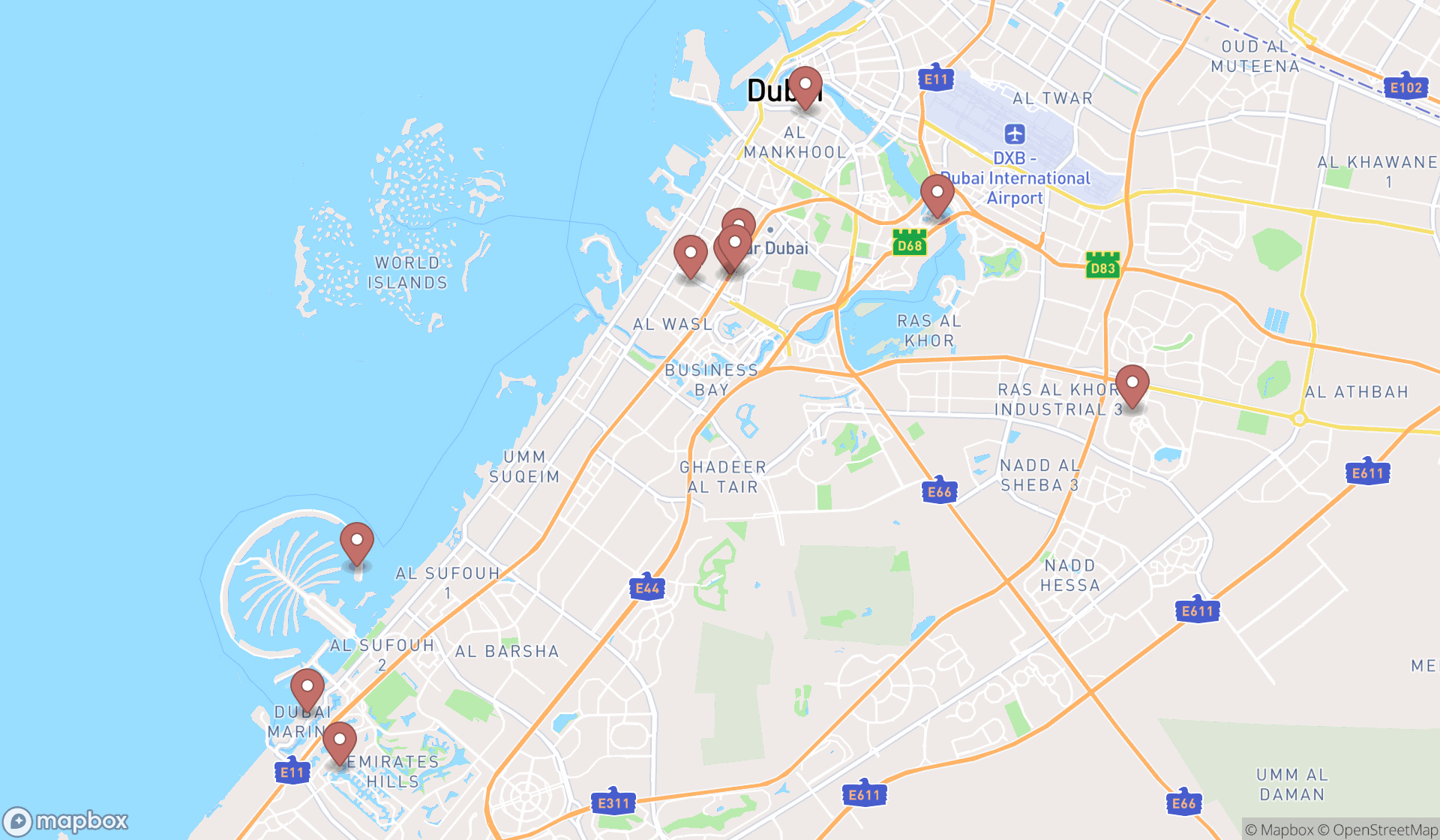 Map showing the ranked bistros in Dubai, Dubai