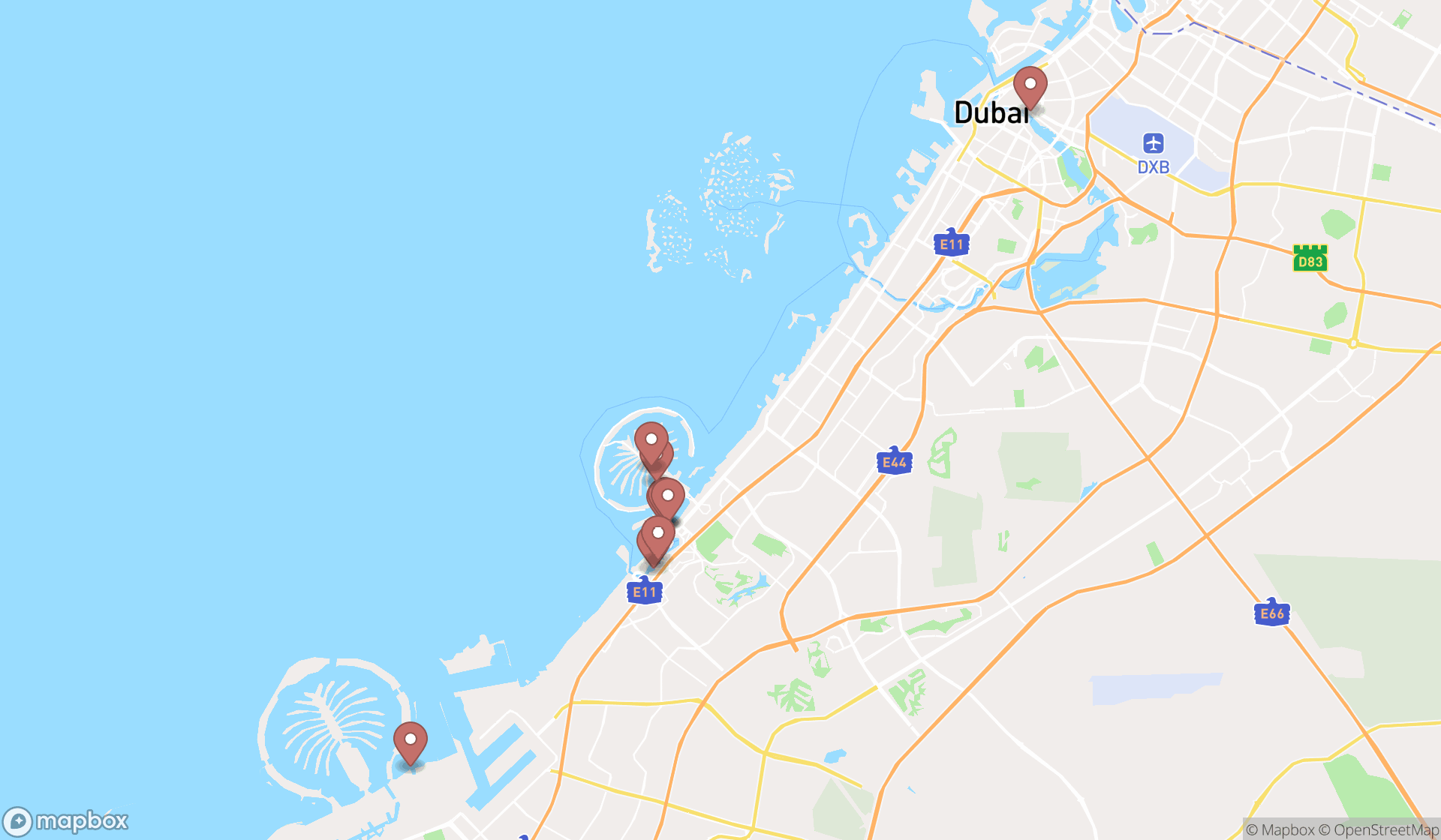 Map showing the ranked boat clubs in Dubai, Dubai