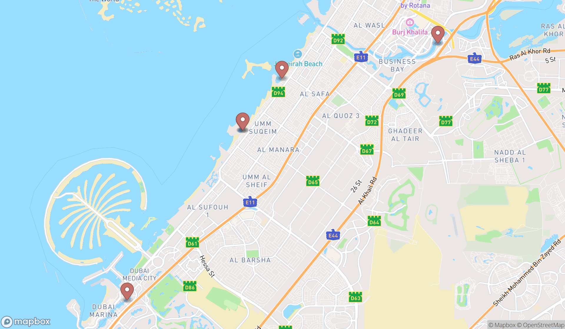 Map showing the ranked boat hire services in Dubai, Dubai