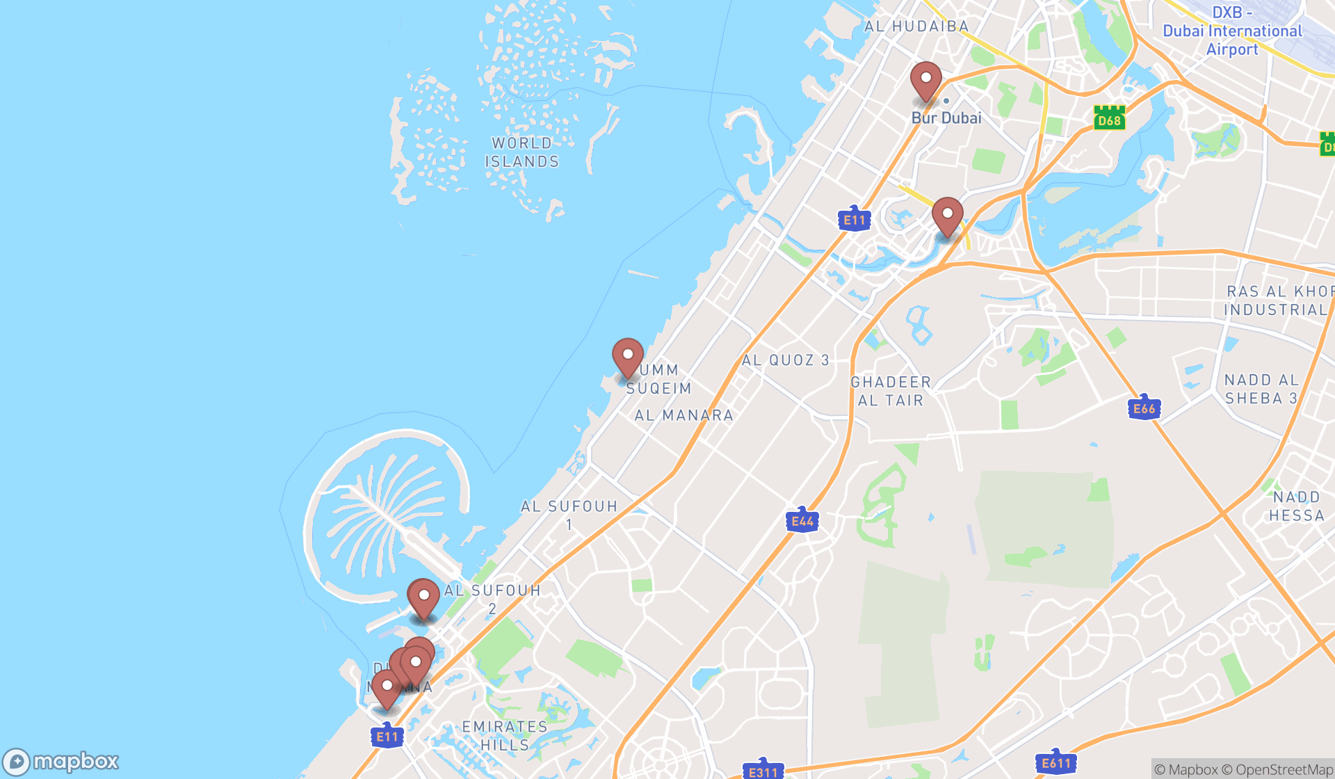 Map showing the ranked boat rental services in Dubai, Dubai