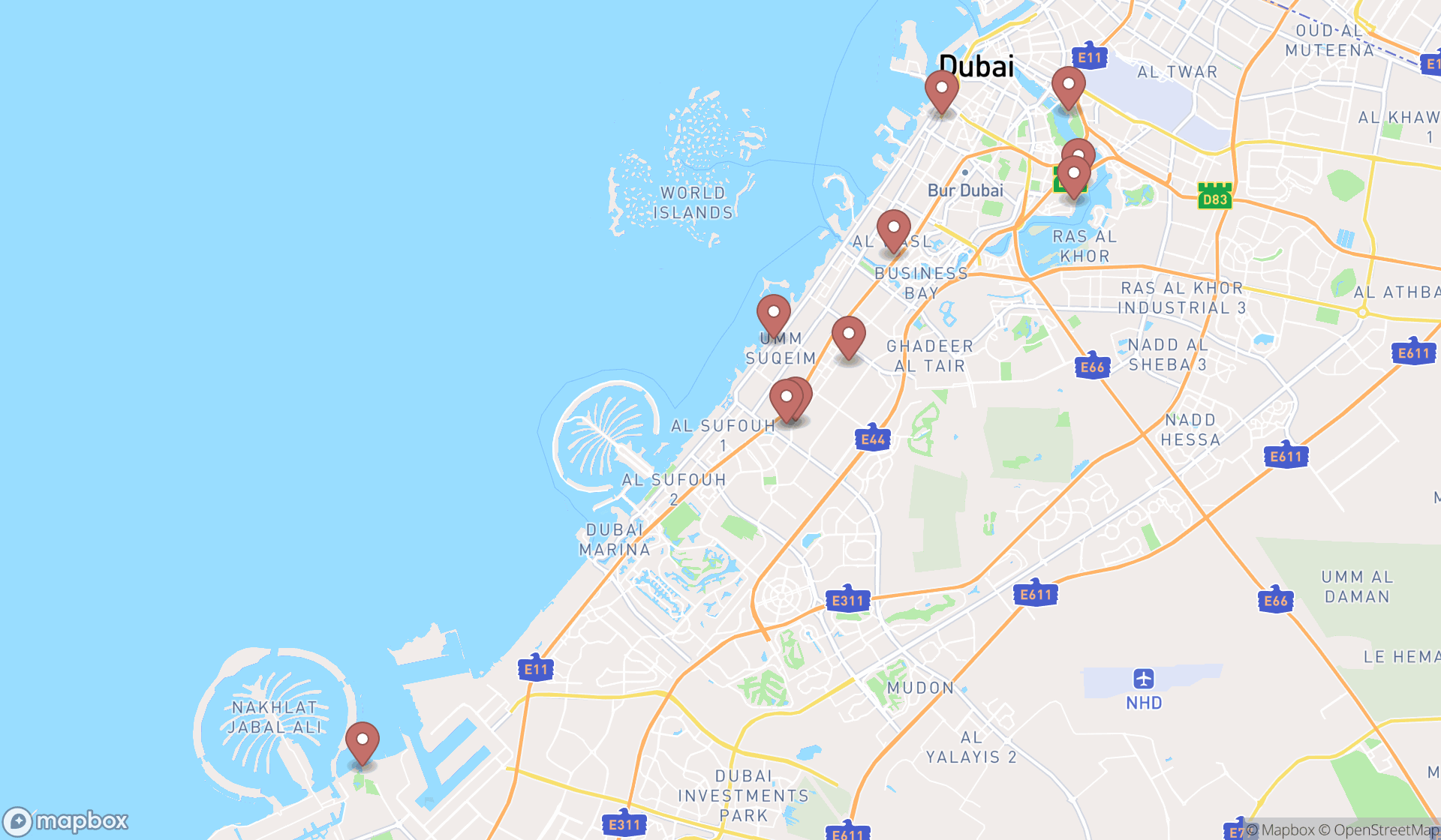 Map showing the ranked boat storage facilities in Dubai, Dubai
