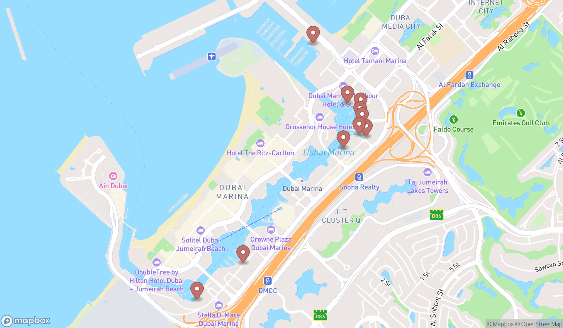 Map showing the ranked boat tour agencies in Dubai, Dubai