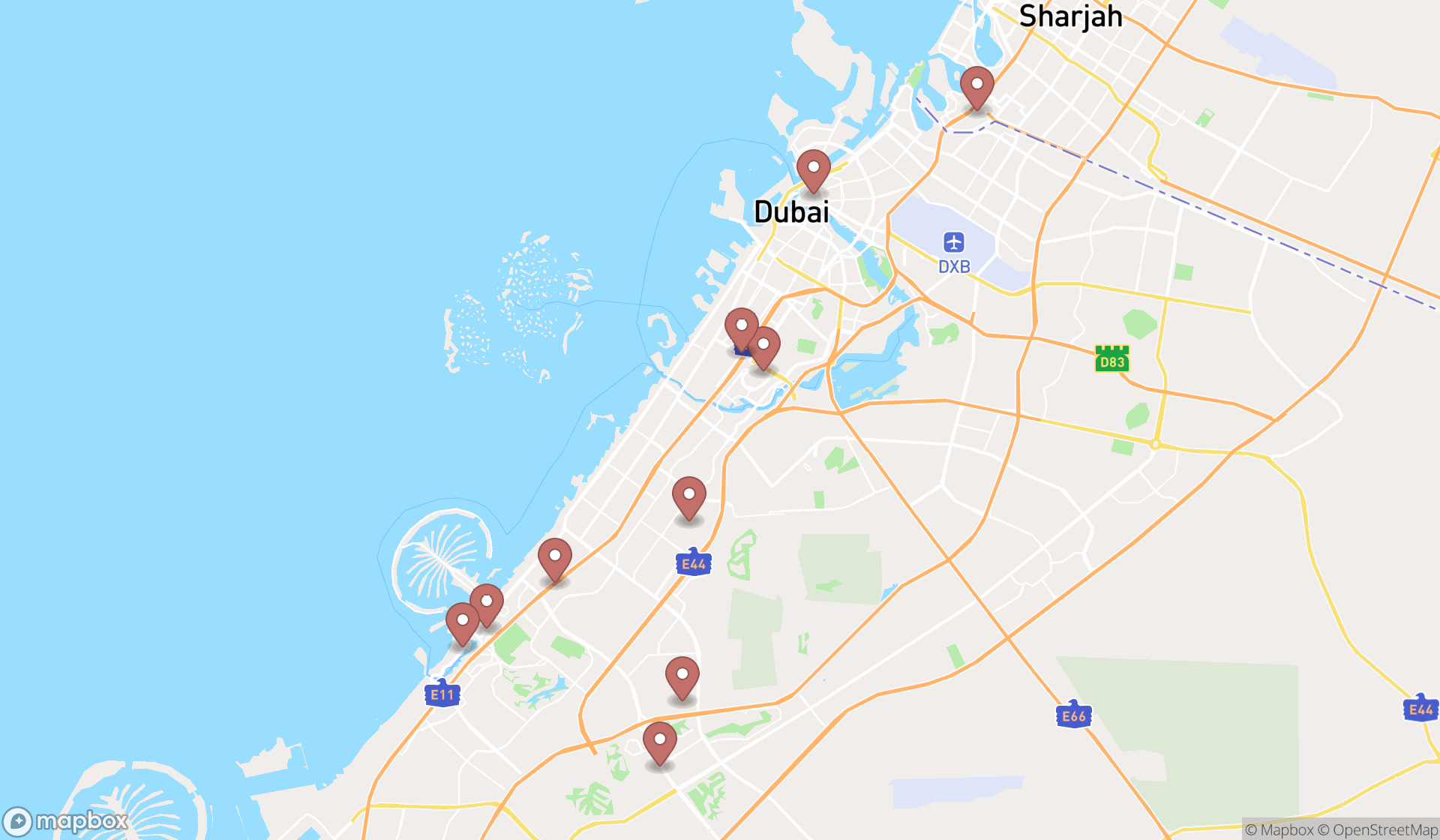 Map showing the ranked body shaping classes in Dubai, Dubai