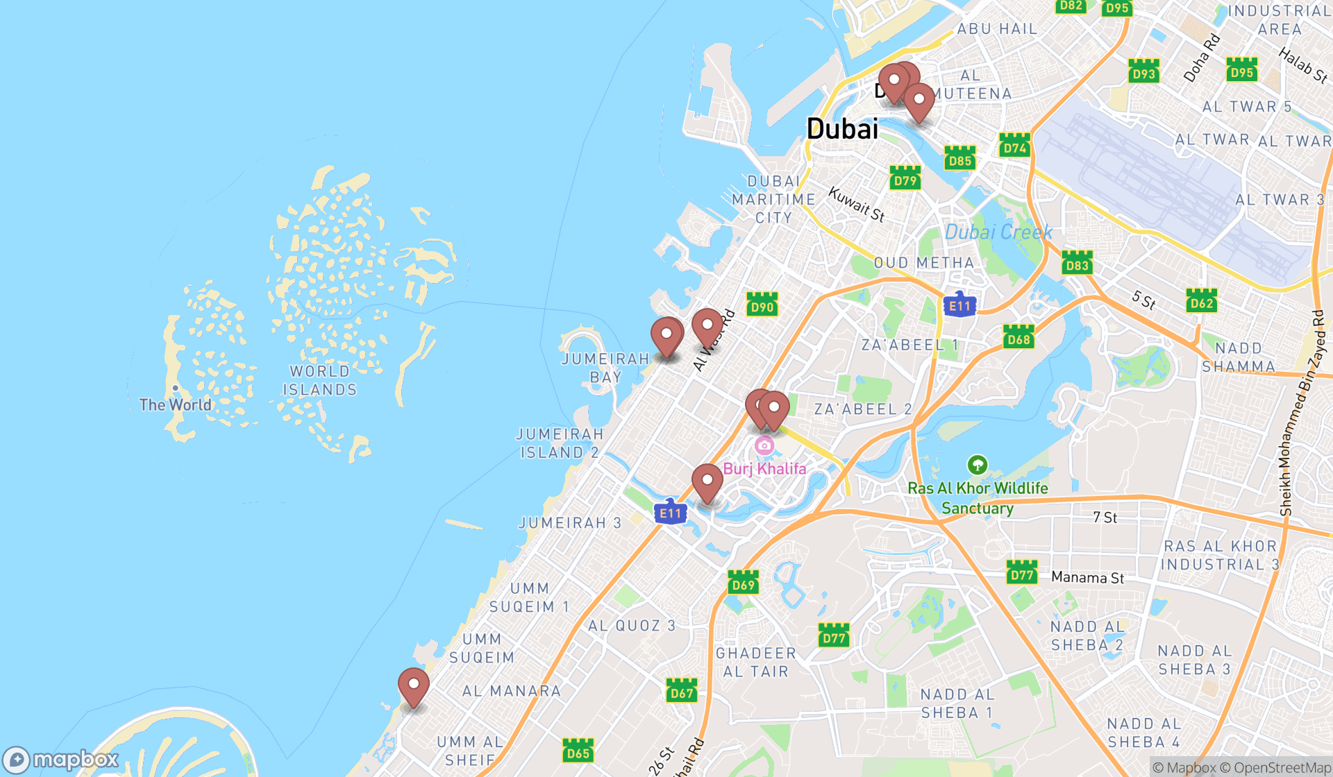 Map showing the ranked boutiques in Dubai, Dubai
