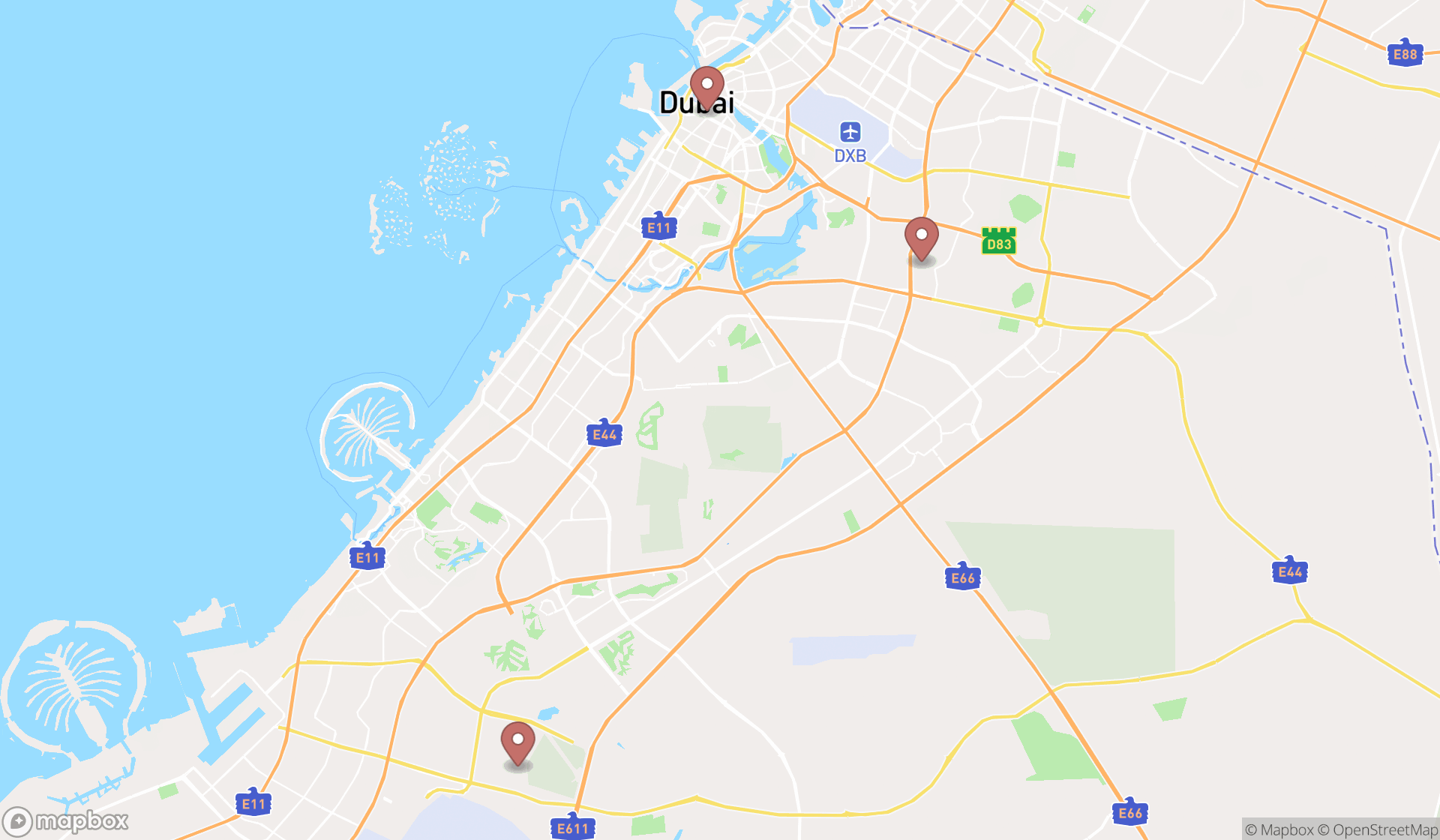 Map showing the ranked box lunch suppliers in Dubai, Dubai
