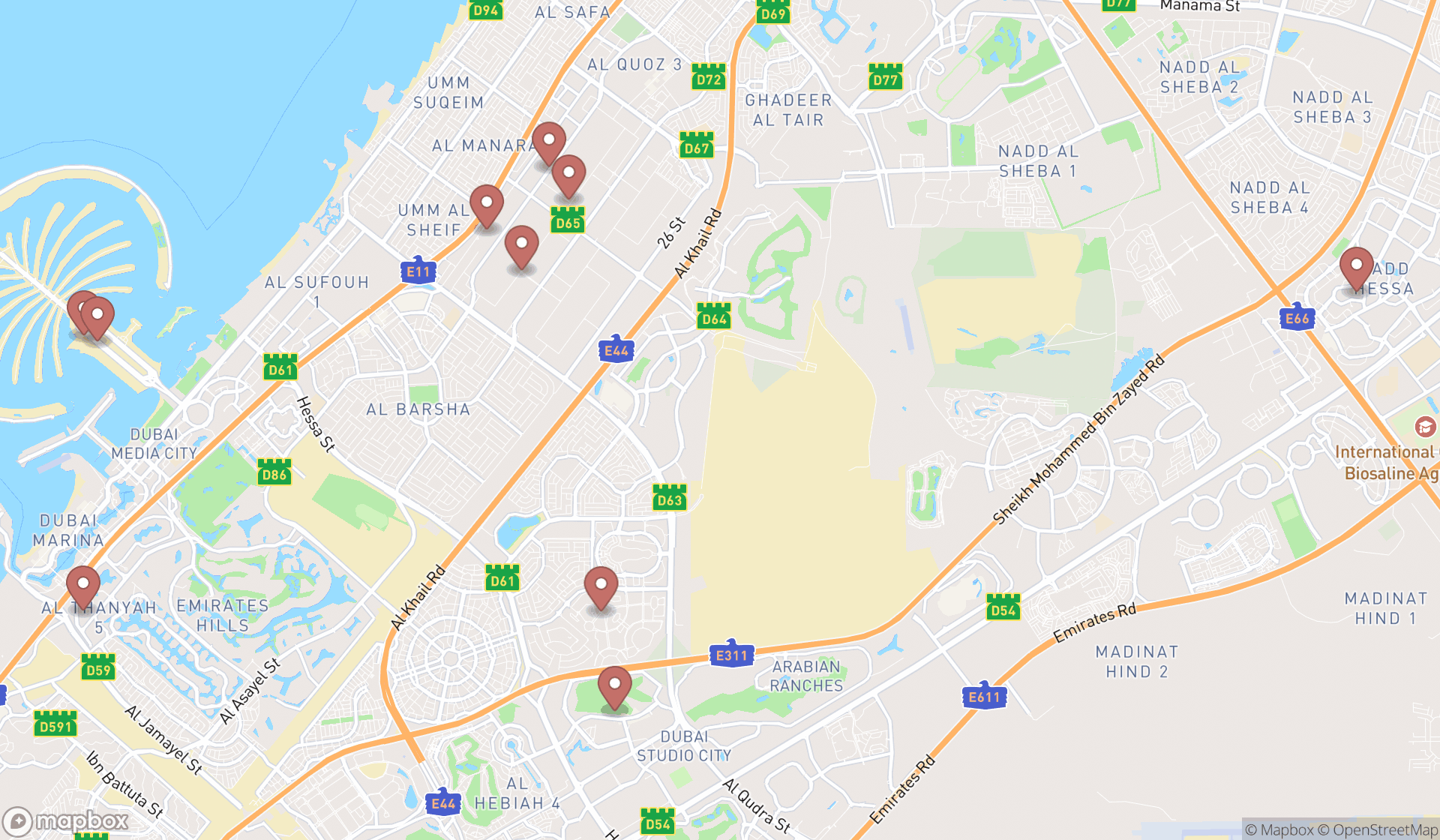 Map showing the ranked boxing gyms in Dubai, Dubai