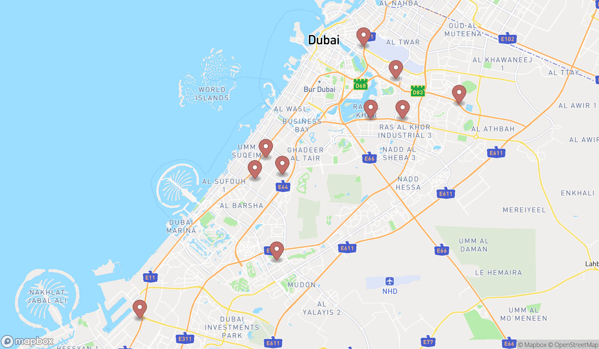 Map showing the ranked brake shops in Dubai, Dubai