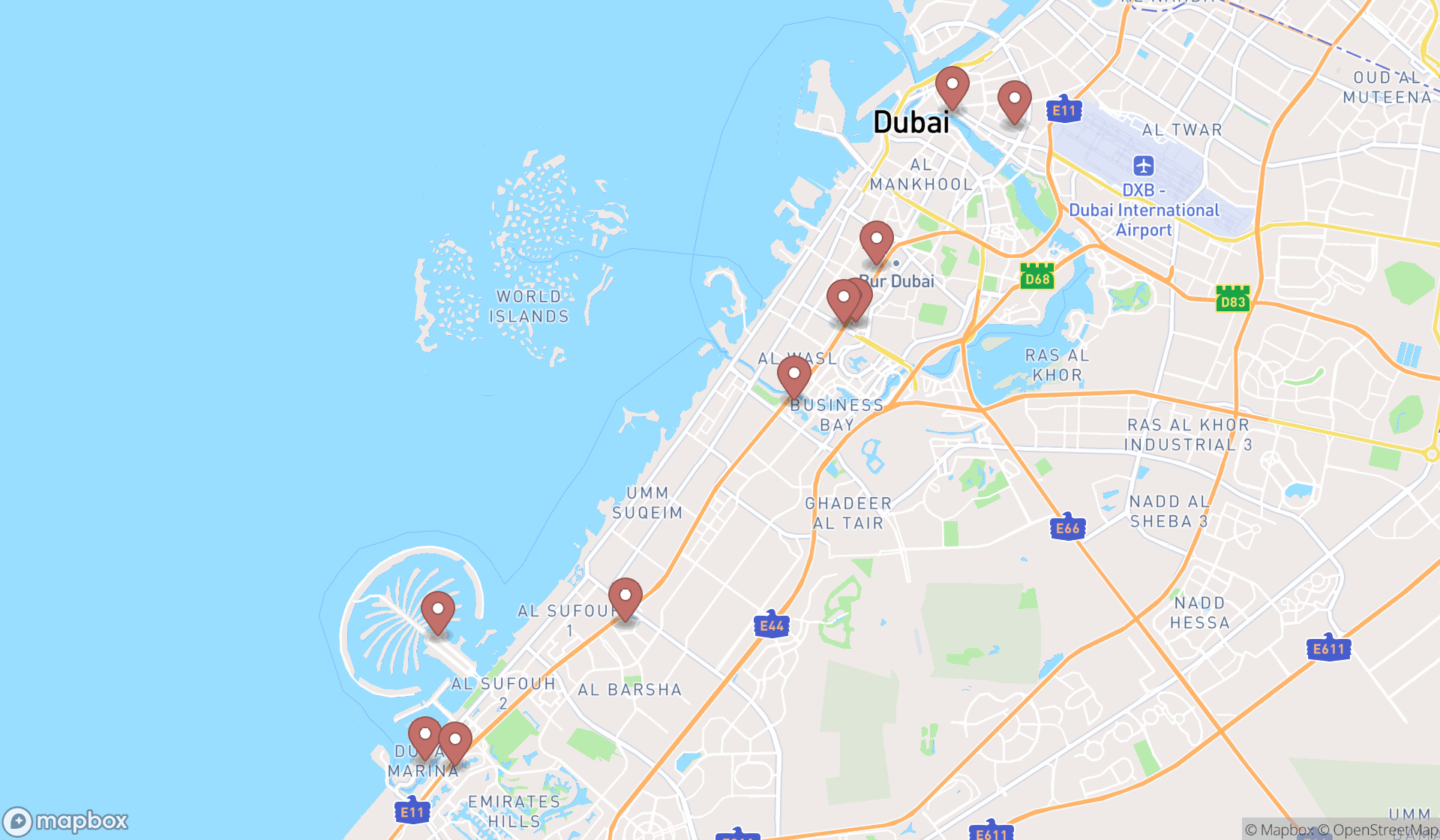 Map showing the ranked brazilian restaurants in Dubai, Dubai