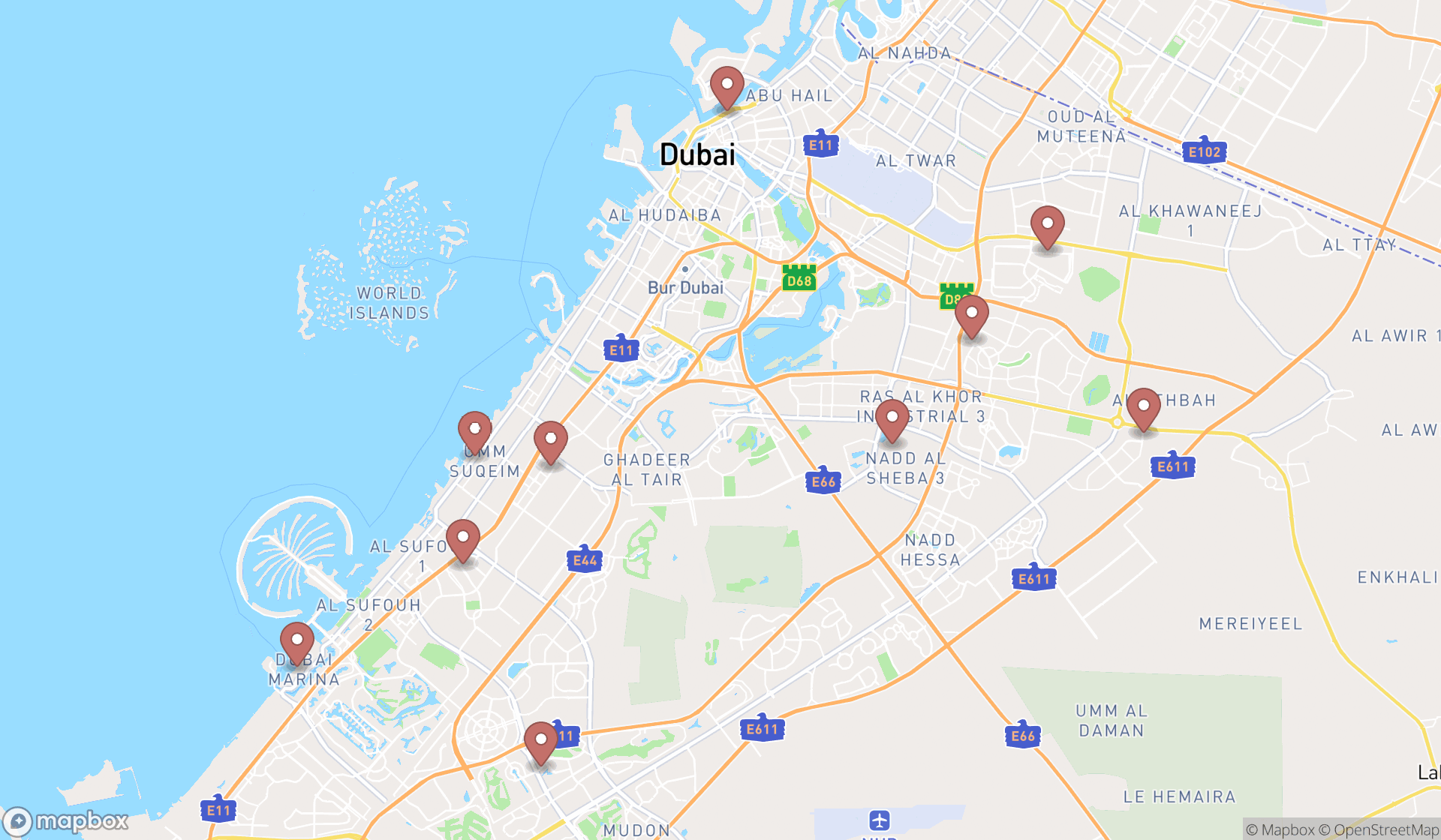 Map showing the ranked breakfast restaurants in Dubai, Dubai