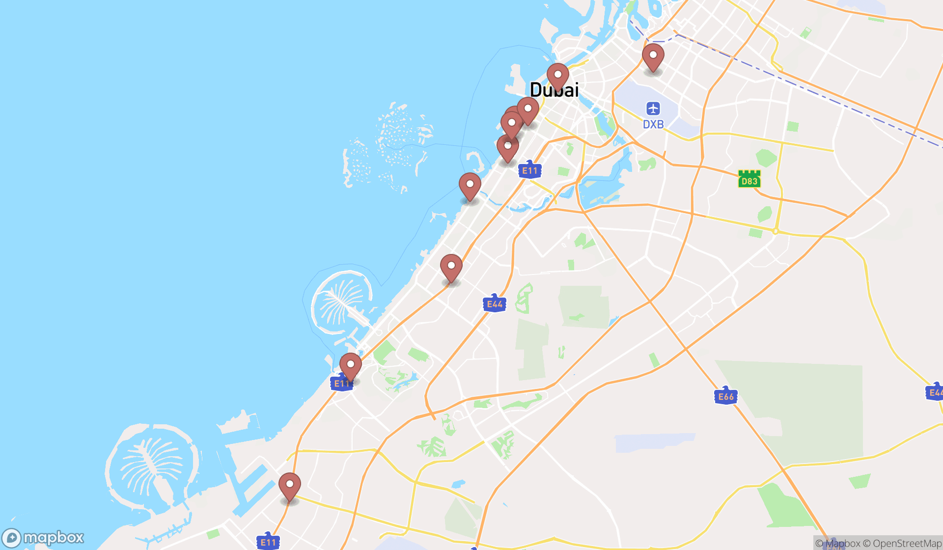 Map showing the ranked bridal shops in Dubai, Dubai