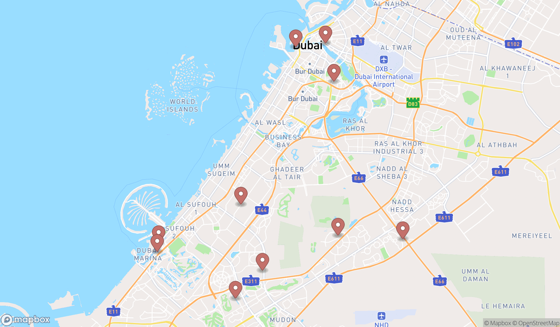 Map showing the ranked british restaurants in Dubai, Dubai