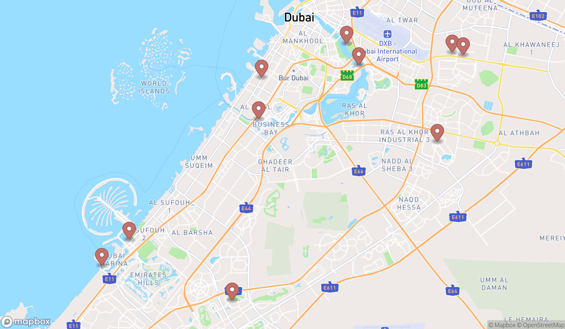 Map showing the ranked brunch restaurants in Dubai, Dubai
